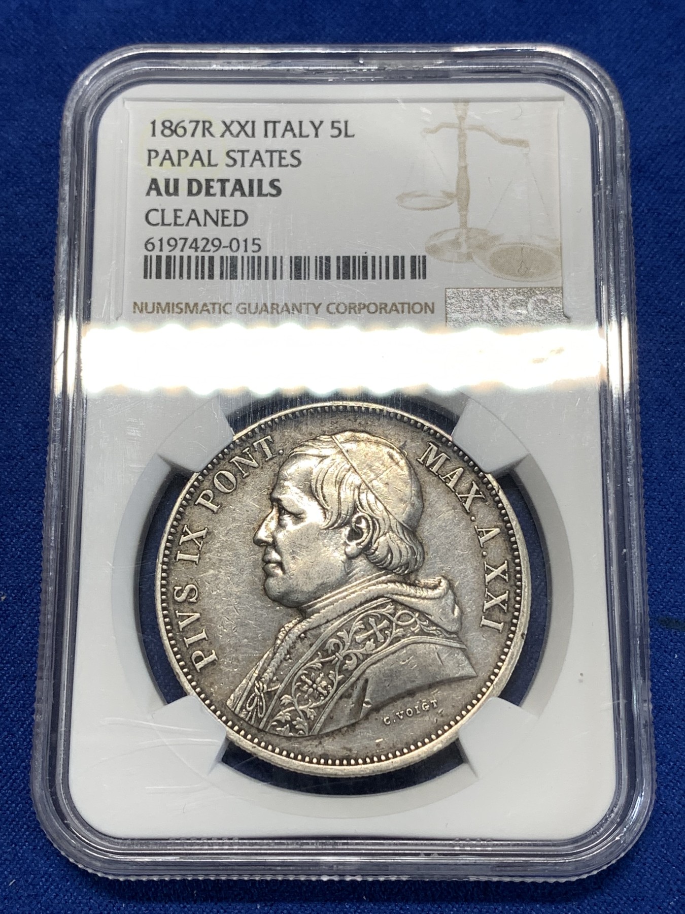 《竞宝斋》第261场-周日，周一，周二 3场连拍 (全场包邮) NGC AUD 1867意大利教皇国5里拉大银币