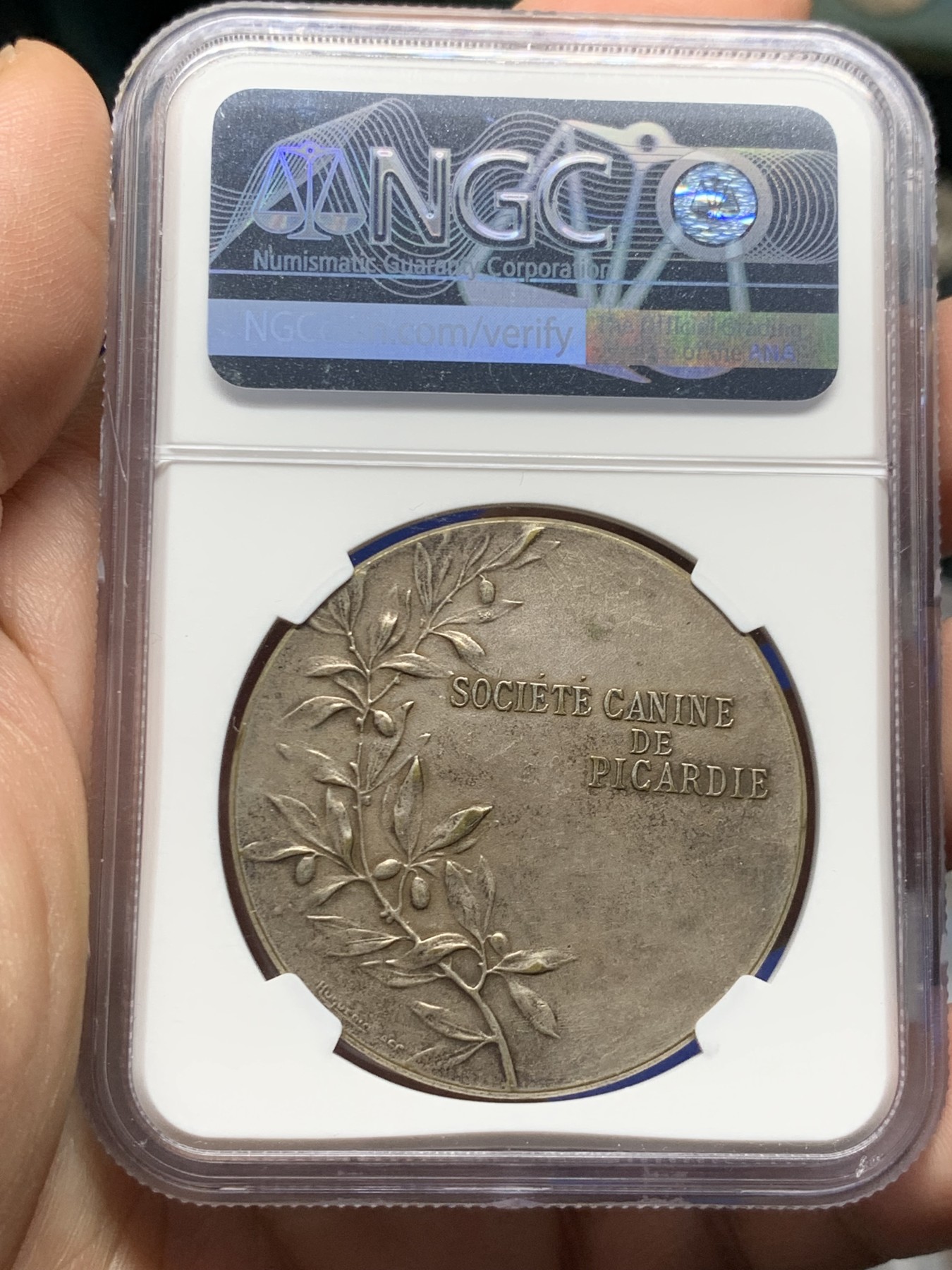 《竞宝斋》第261场-周日，周一，周二 3场连拍 (全场包邮) NGC MS63 法国20世纪初狩猎女神镀银大铜章，正面为女神阿尔忒弥斯，长发飘飘，引导猎犬，挽弓搭箭。线条凝炼优美，动感十足，立体高浮雕。