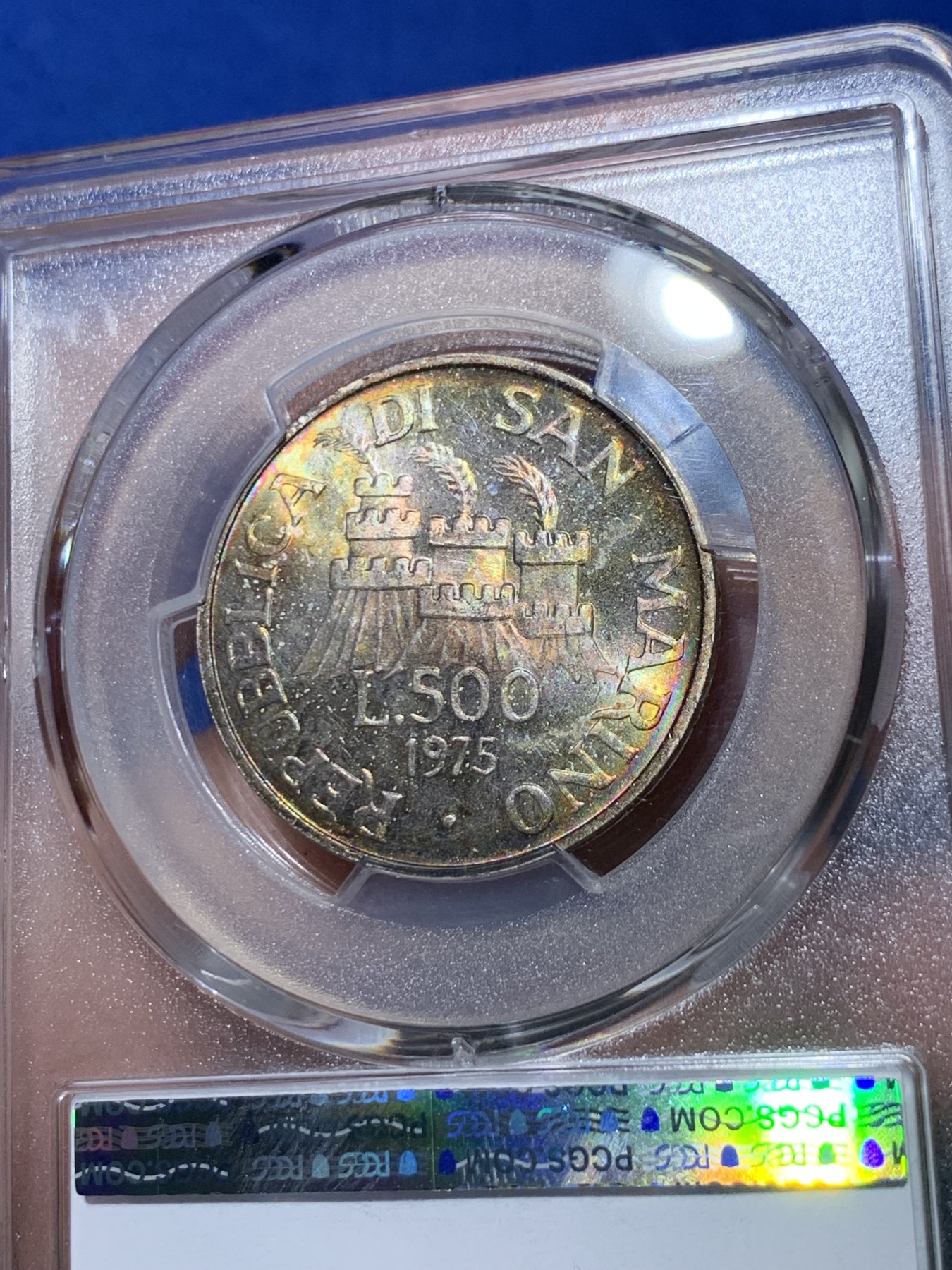 《竞宝斋》第261场-周日，周一，周二 3场连拍 (全场包邮) PCGS MS67 圣马力诺1975年500里拉银币，高分双面魔幻包浆彩