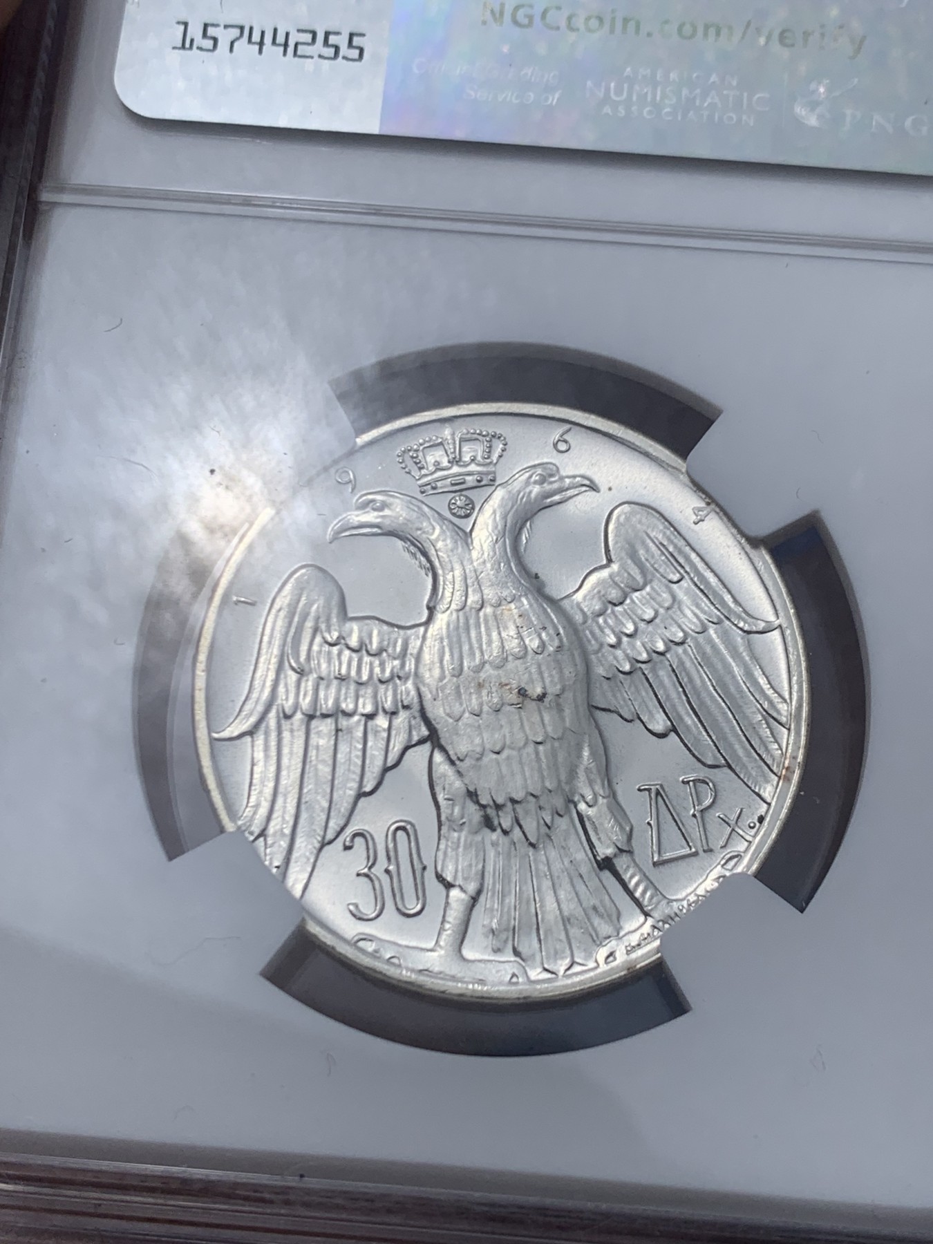 《竞宝斋》第261场-周日，周一，周二 3场连拍 (全场包邮) NGC UNCD 希腊1964年康斯坦丁二世皇室婚礼30德拉克马银币