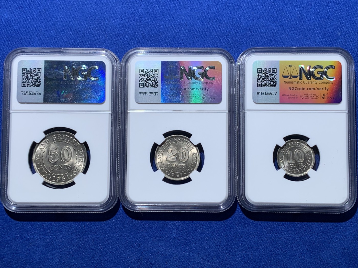 《竞宝斋》第261场-周日，周一，周二 3场连拍 (全场包邮) 3枚一组 NGC MS64-65 英属马来亚10C 20C 50C