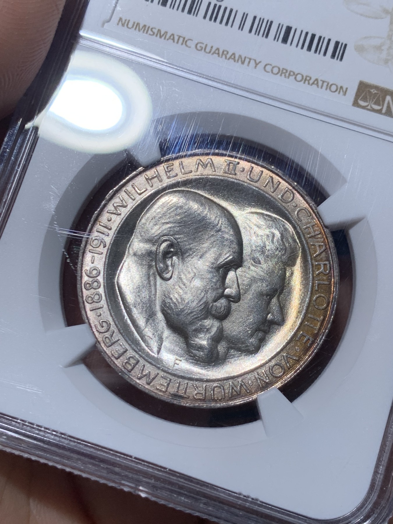 《竞宝斋》第261场-周日，周一，周二 3场连拍 (全场包邮) NGC MS64 德国符腾堡1911年银婚3马克银币 金色顶级包浆