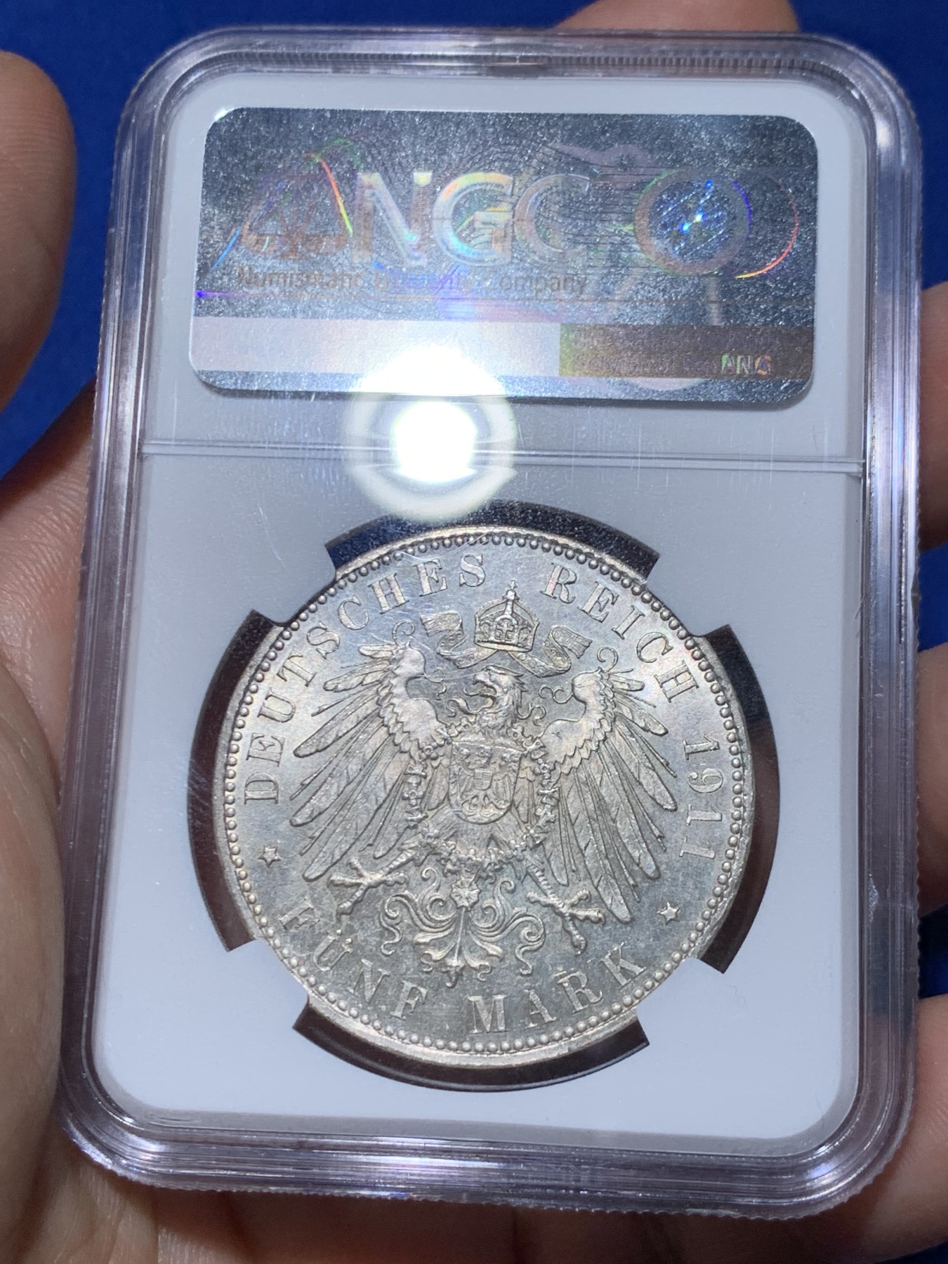 《竞宝斋》第261场-周日，周一，周二 3场连拍 (全场包邮) NGC MS63 德国1911年巴伐利亚柳奥波德5马克银币