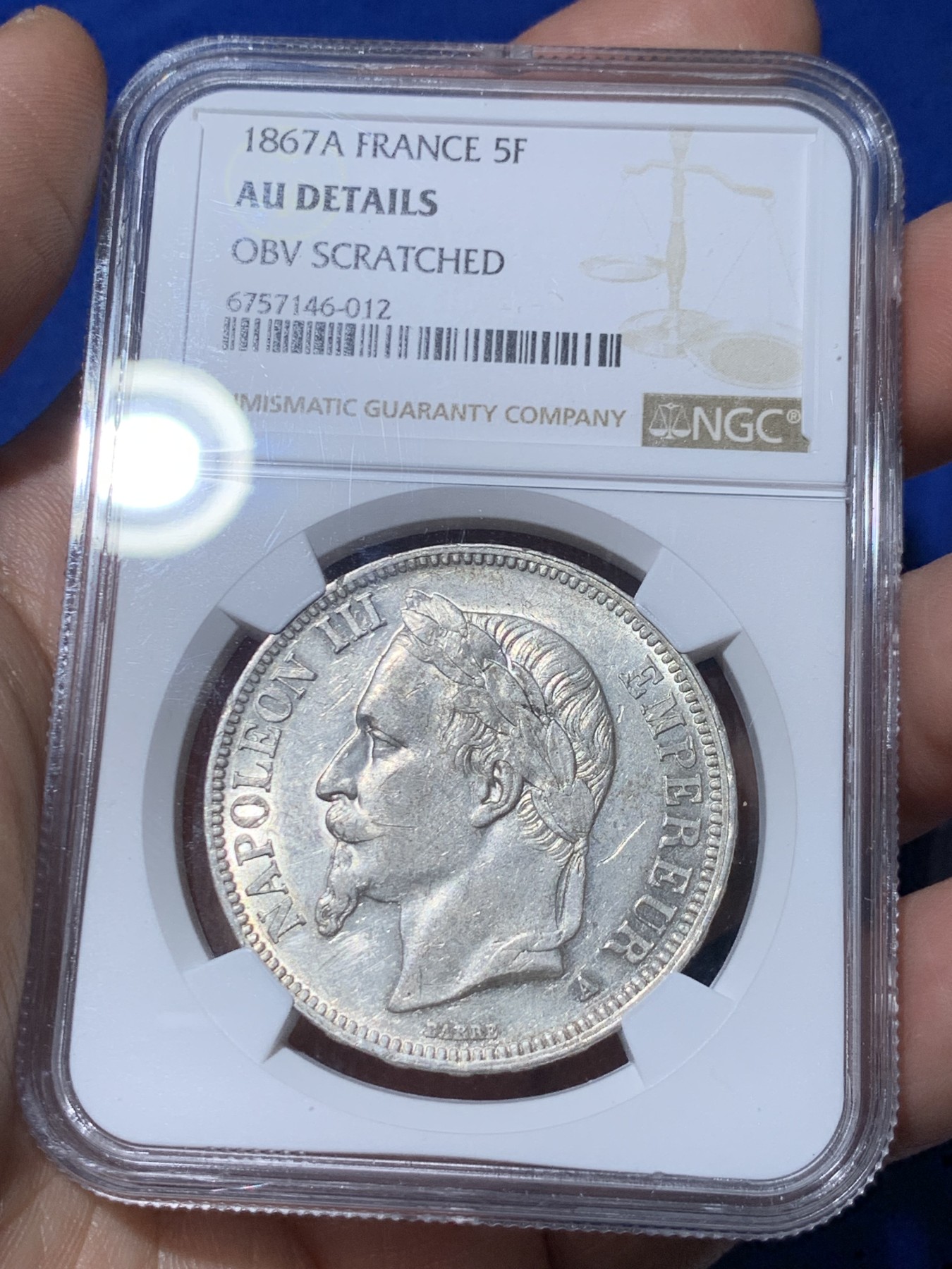 《竞宝斋》第261场-周日，周一，周二 3场连拍 (全场包邮) NGC AUD 法国1867年拿三5法郎银币