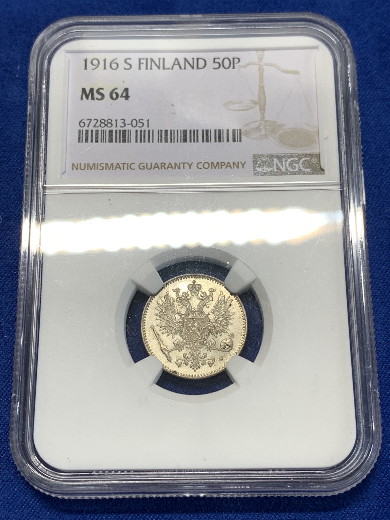 《竞宝斋》第261场-周日，周一，周二 3场连拍 (全场包邮) NGC MS64 俄占芬兰1916年50芬尼银币