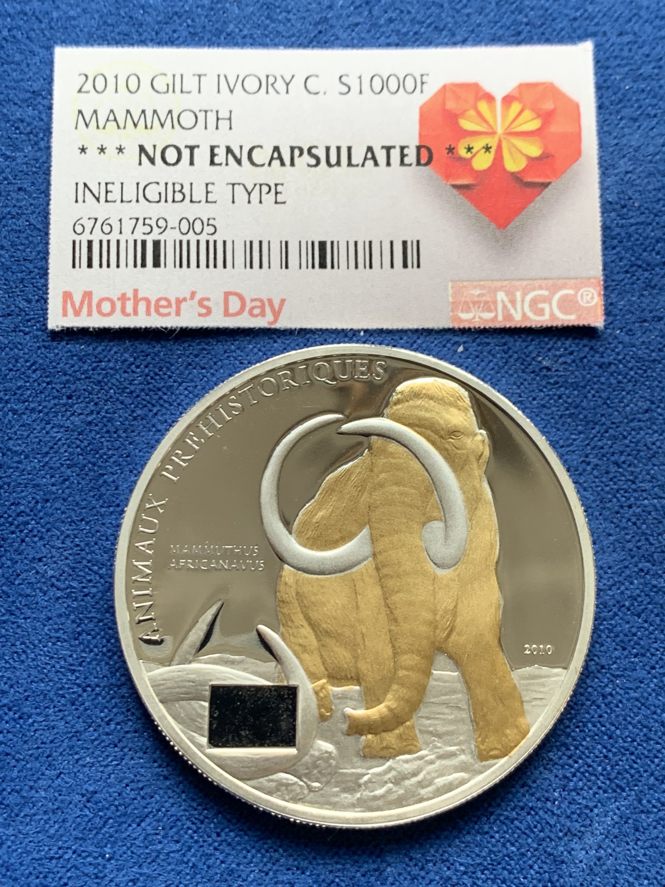 《竞宝斋》第261场-周日，周一，周二 3场连拍 (全场包邮) 科特迪瓦2010年猛犸象系列 1000法郎CFA镀金大象 存世更少 925银