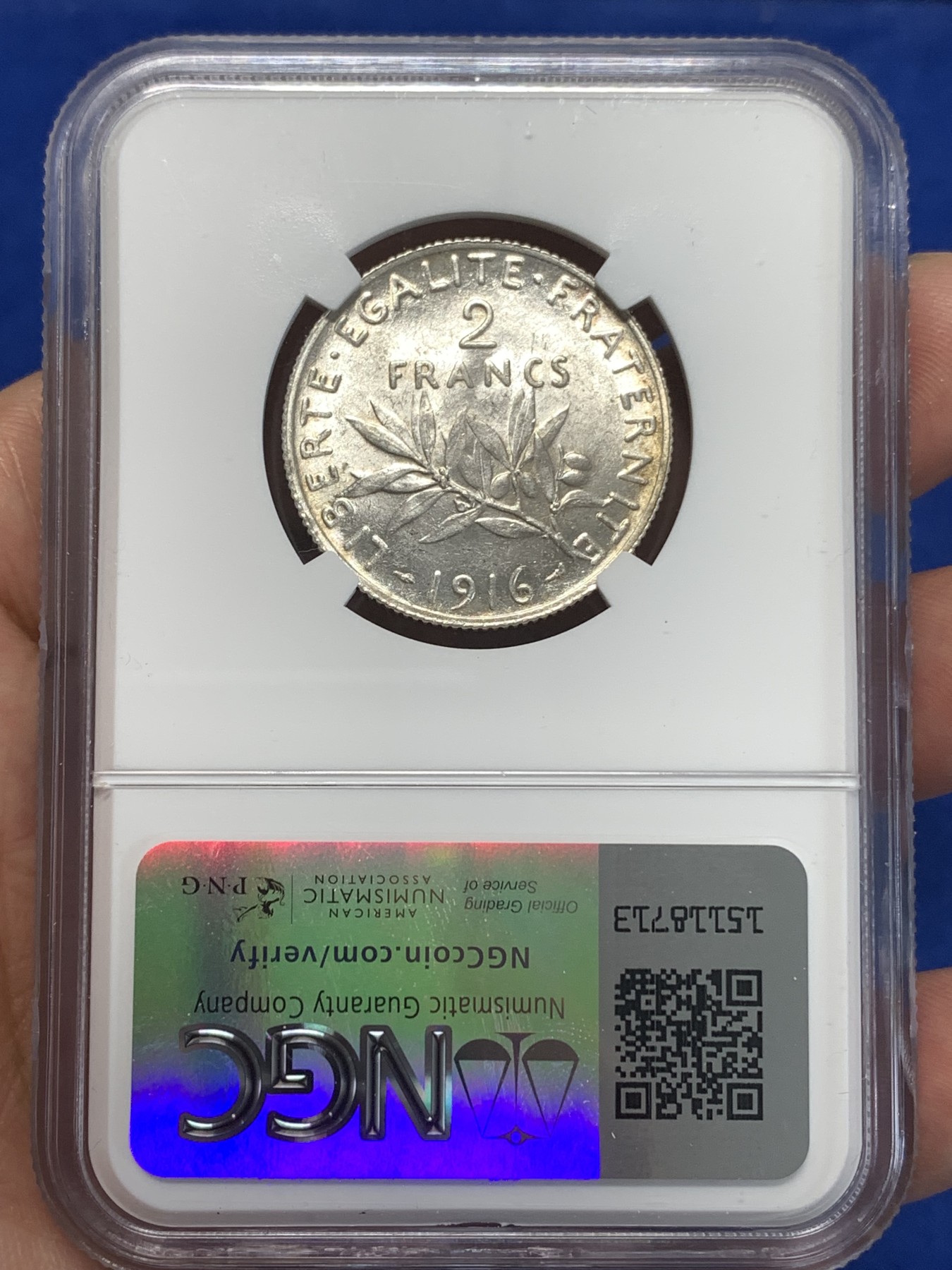 《竞宝斋》第261场-周日，周一，周二 3场连拍 (全场包邮) NGC MS61 法国1916年播种女神2法郎银币