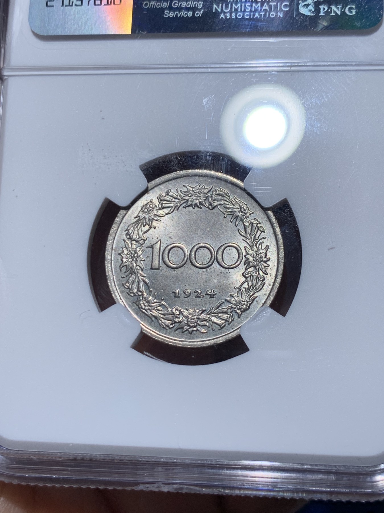 《竞宝斋》第261场-周日，周一，周二 3场连拍 (全场包邮) NGC MS64 奥地利1924年蒂罗尔高山美女1000K镍币 冠军分