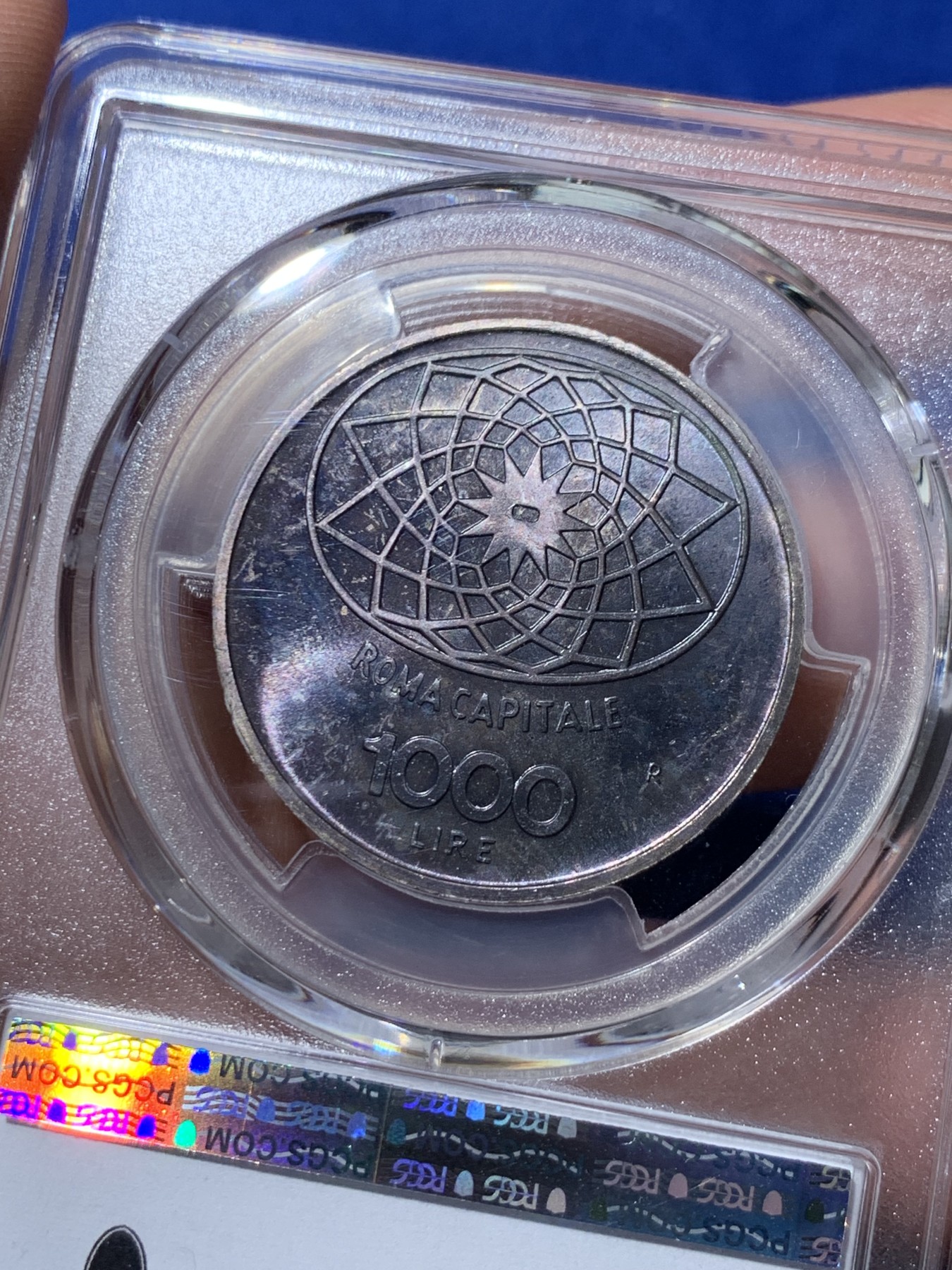 《竞宝斋》第261场-周日，周一，周二 3场连拍 (全场包邮) PCGS MS67 意大利1970年1000里拉银币，亚军分，双面深色紫罗兰包浆，难得一遇的高分包浆币