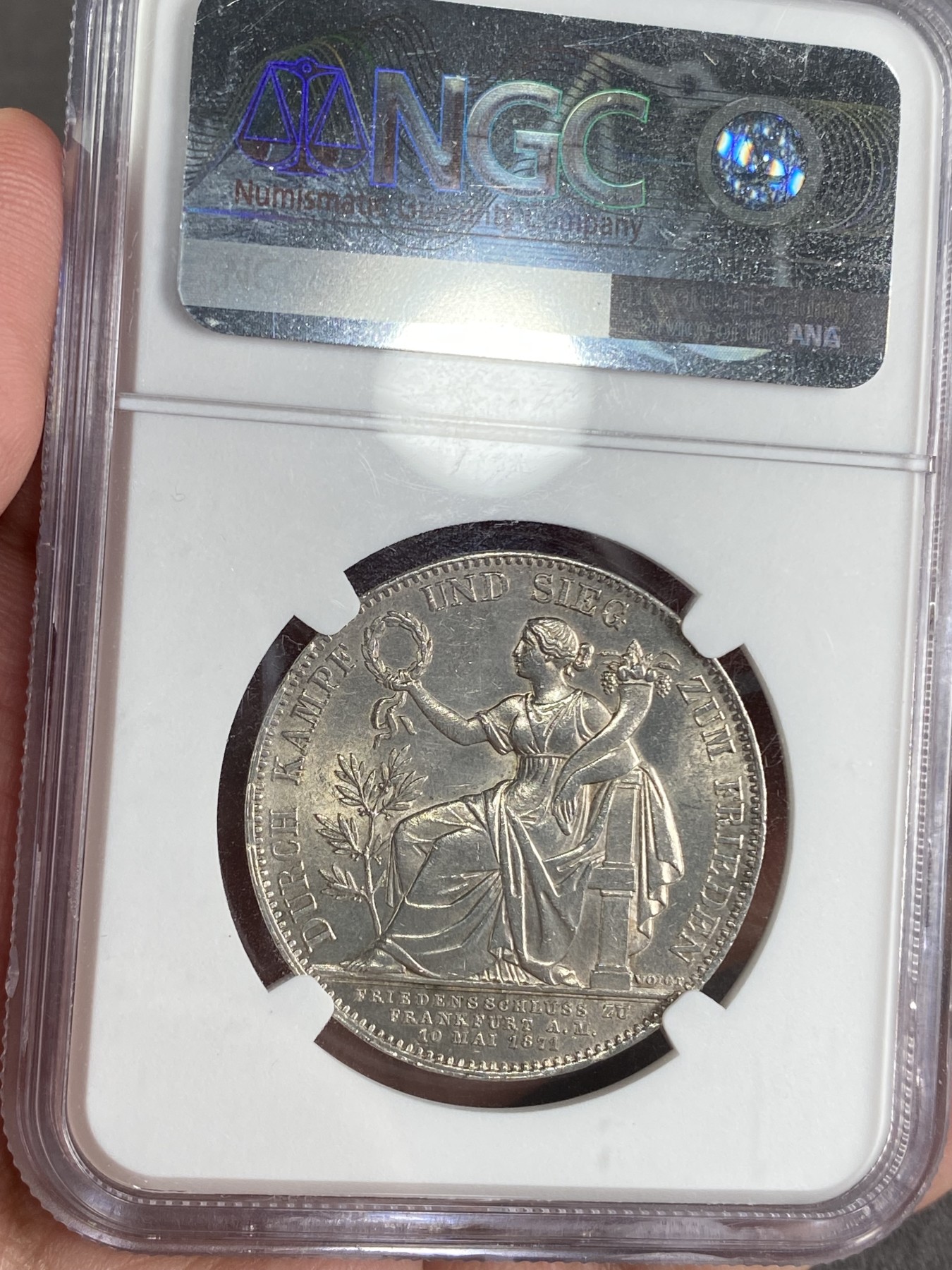 万国钱币拍卖第024期（诸神之战） NGC MS62 1871年德国巴伐利亚路德维希二世普法战争胜利1泰勒 十字转光 银霜感强烈