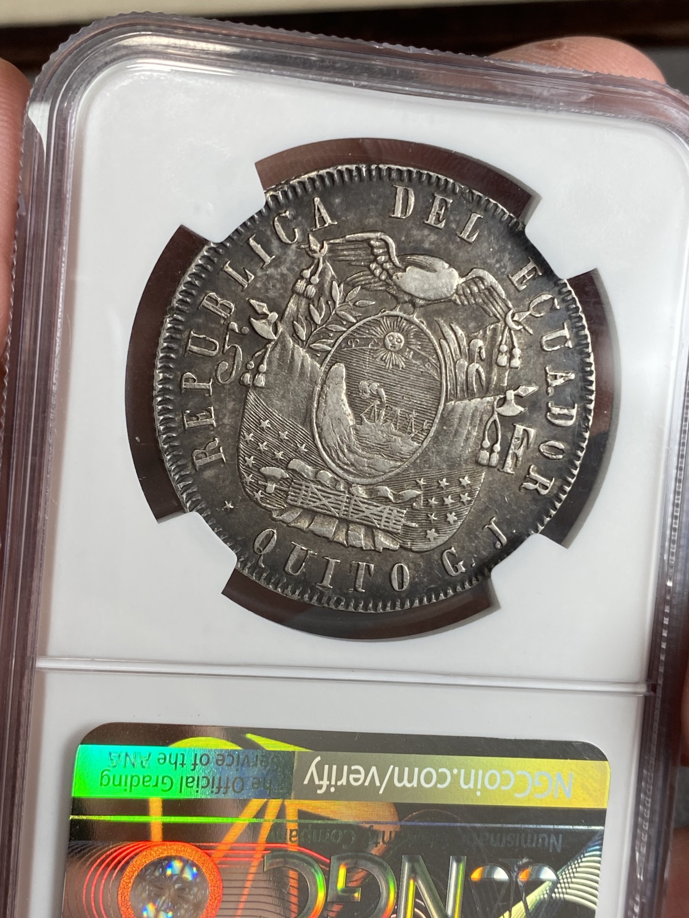 万国钱币拍卖第024期（诸神之战） NGC XFD 1858年厄瓜多尔共和国5法郎 铸打深俊 包浆均匀 早期南美主币难度非常之大