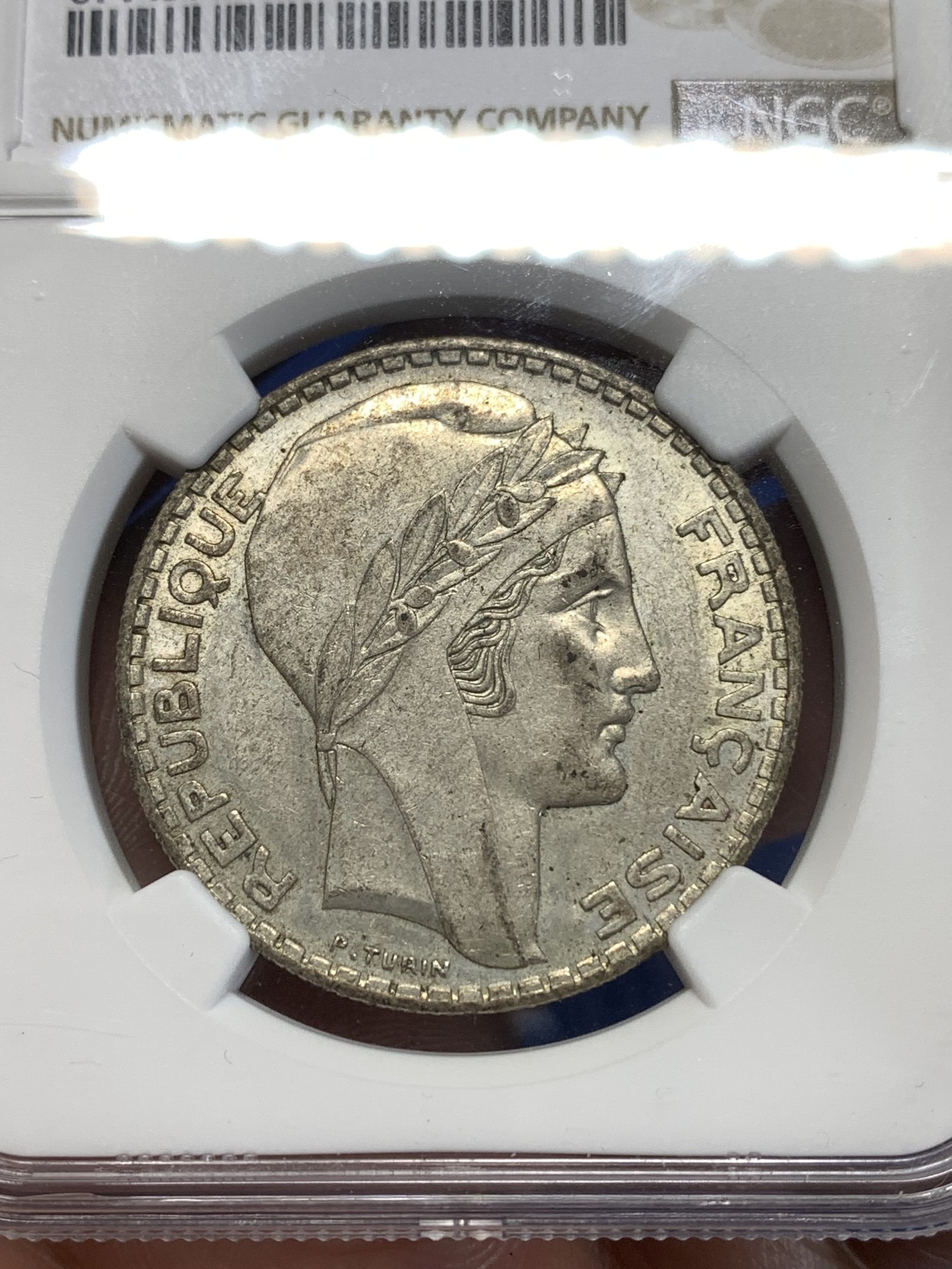 《竞宝斋》第261场-周日，周一，周二 3场连拍 (全场包邮) NGC AU55 法国1938年谷物女神20法郎银币