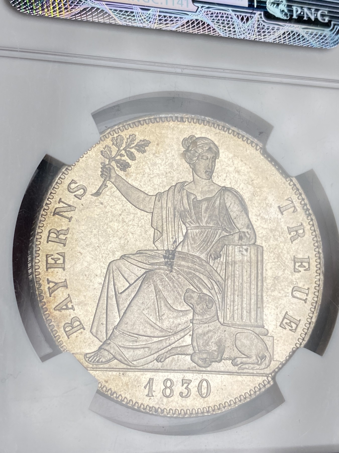 万国钱币拍卖第024期（诸神之战） NGC MS65 1830巴伐利亚忠于皇室历史泰勒 路德维希一世敕令发行 用于感激1830年德国社会主义运动中巴伐利亚人民对王室的忠诚 背面为忠诚与奉献女神优比西娅和一只温顺狗子 此枚底板整洁无暇 在双面淡青色包浆和轻微镜面加持下更添韵味 历史泰勒到65已是顶级 NGC老盒冠军分 错过不知何时再见
