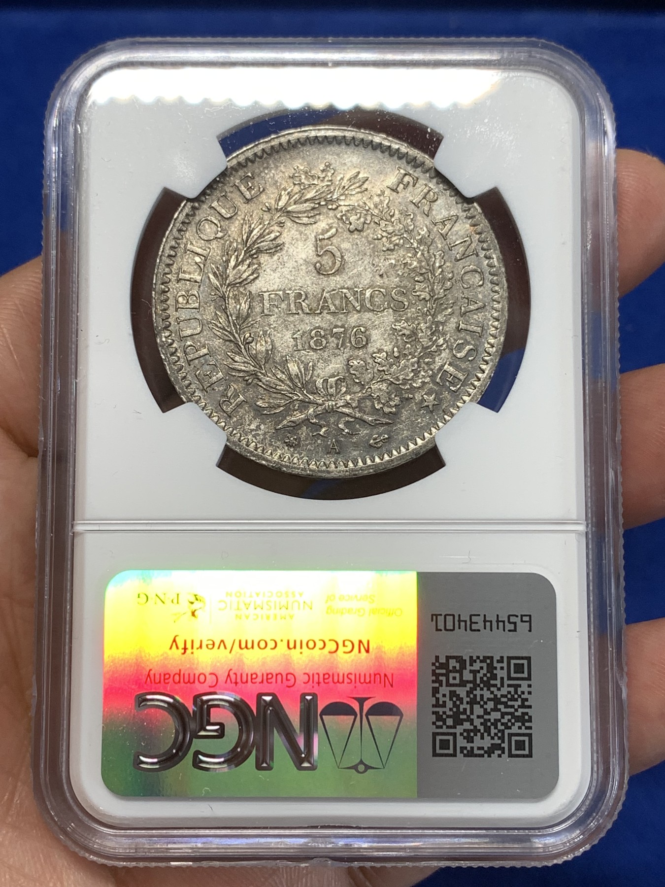 《竞宝斋》第261场-周日，周一，周二 3场连拍 (全场包邮) NGC AU53 法国1876年大力神5法郎银币