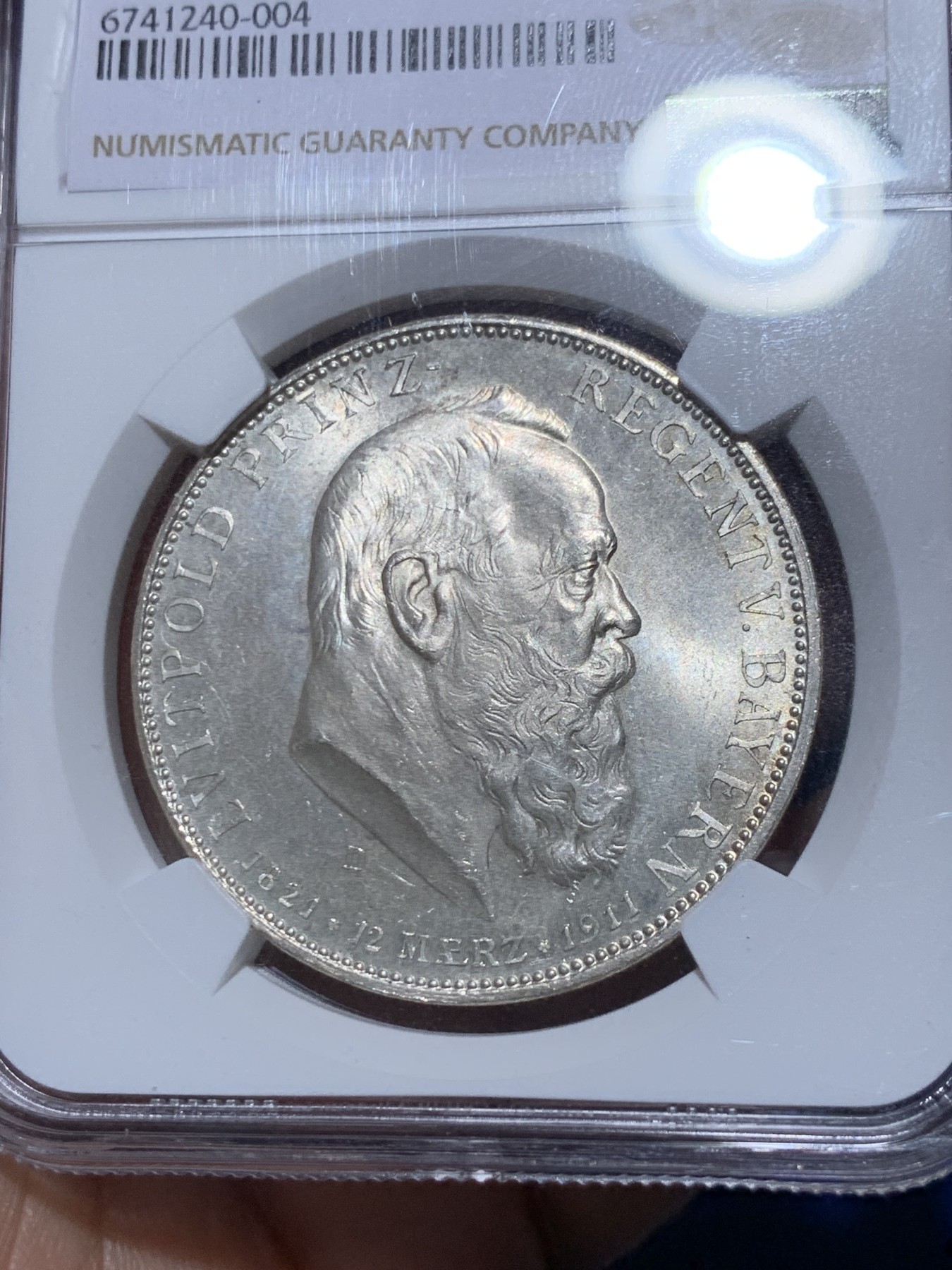 《竞宝斋》第261场-周日，周一，周二 3场连拍 (全场包邮) NGC MS63 德国1911年巴伐利亚柳奥波德5马克银币