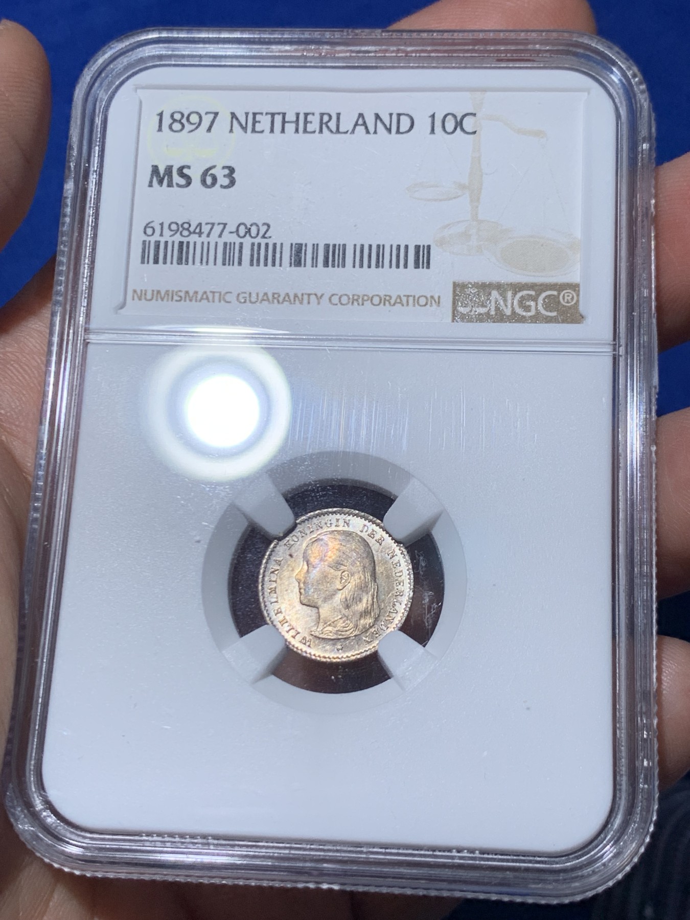 《竞宝斋》第261场-周日，周一，周二 3场连拍 (全场包邮) NGC MS63 荷兰1897年威廉明娜女王10分银币，最受欢迎的长发萝莉，转光喜人，底板有pl感。萝莉系列凑套必备