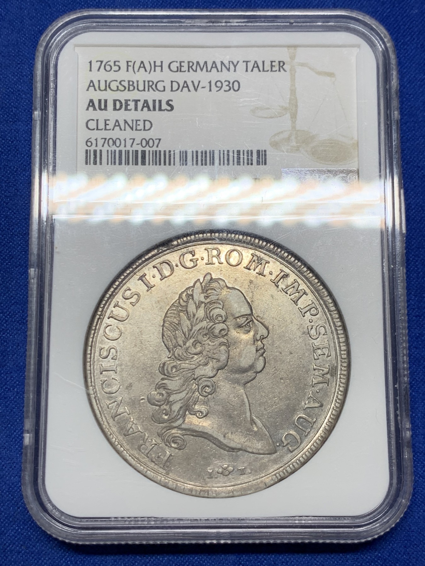 《竞宝斋》第261场-周日，周一，周二 3场连拍 (全场包邮) NGC AUD 1765年德国奥格斯堡1泰勒银币 背逆 这个少见城邦与年份