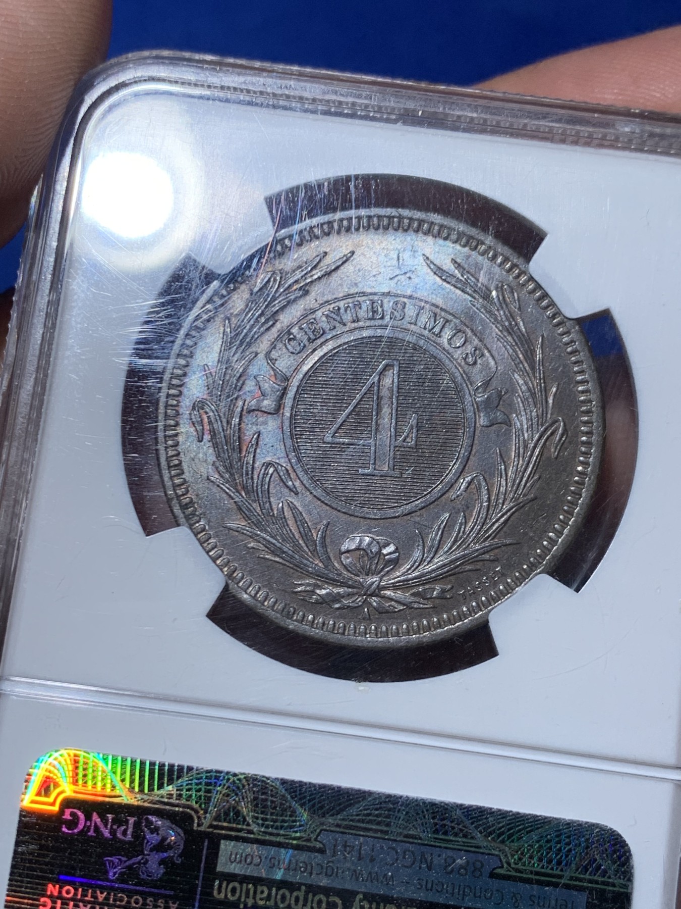 《竞宝斋》第261场-周日，周一，周二 3场连拍 (全场包邮) NGC MS63BN 1869年乌拉圭4分太阳脸大铜币  非常稀少的A版巴黎铸币厂 比H版稀少 漂亮的巧克力色