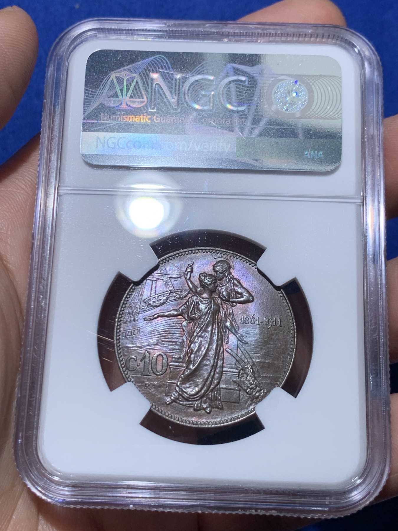 《竞宝斋》第261场-周日，周一，周二 3场连拍 (全场包邮) NGC MS64BN 意大利王国 1911年 建国50周年纪念10分铜币