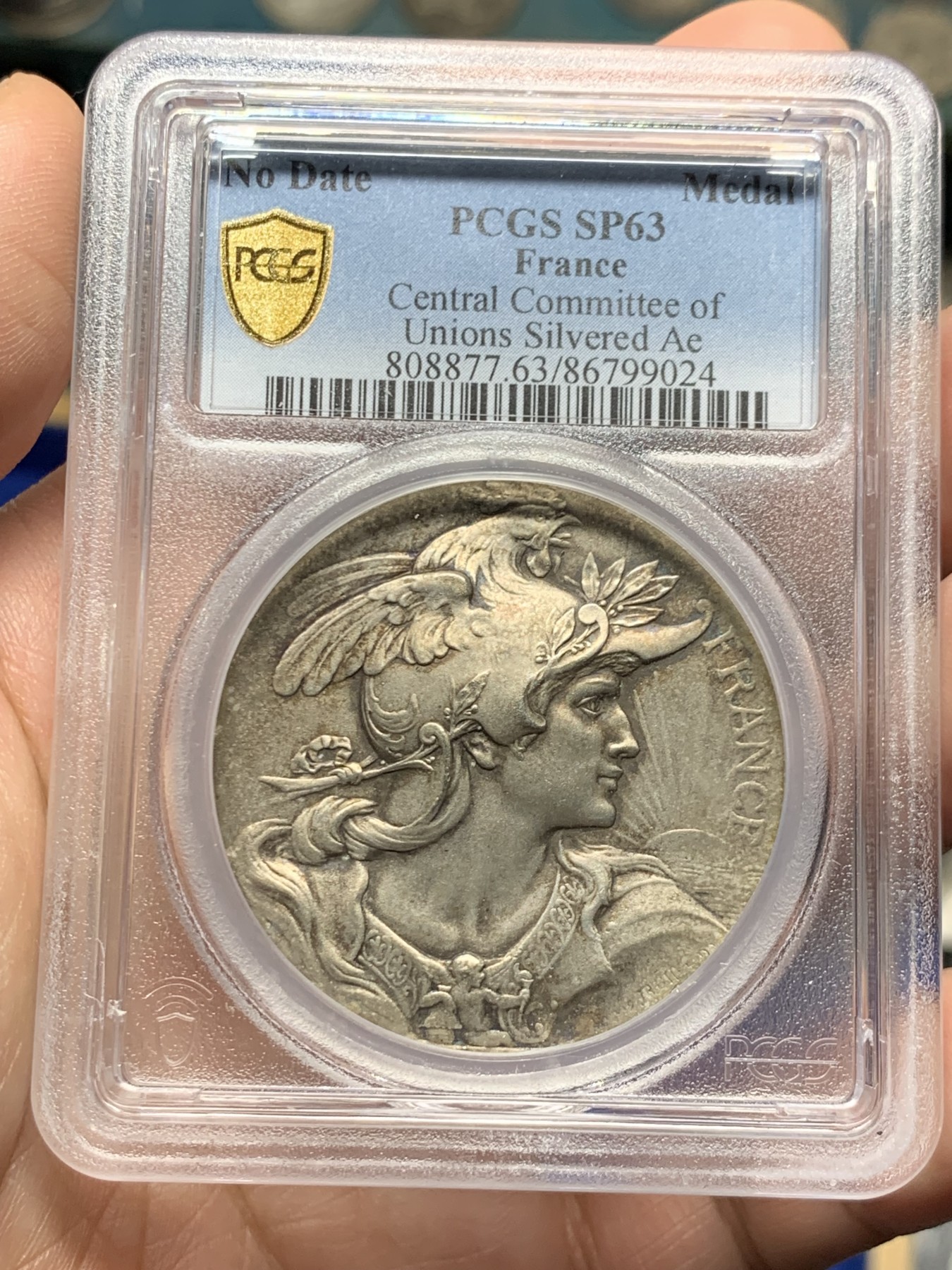 《竞宝斋》第261场-周日，周一，周二 3场连拍 (全场包邮) PCGS SP63 唯一冠军分 19世纪末 法国玛丽安娜女神镀银铜章，SP为首见，经典玛丽安娜女神。金彩纸袋包浆，双面完美状态，冠军品质！