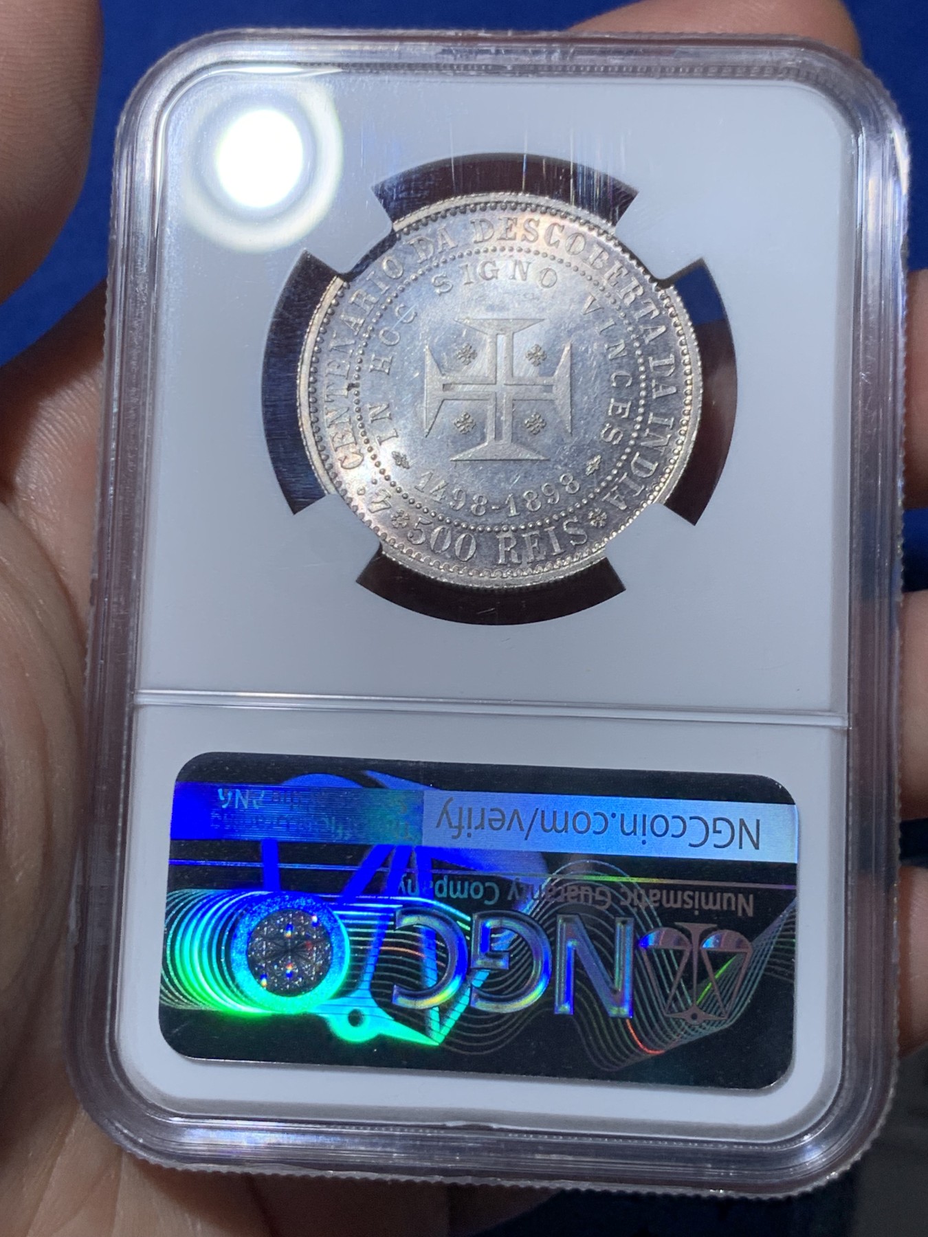 《竞宝斋》第261场-周日，周一，周二 3场连拍 (全场包邮) NGC MS63 葡萄牙 1898年 发现印度400周年 500瑞斯 银币 有点PL的感觉