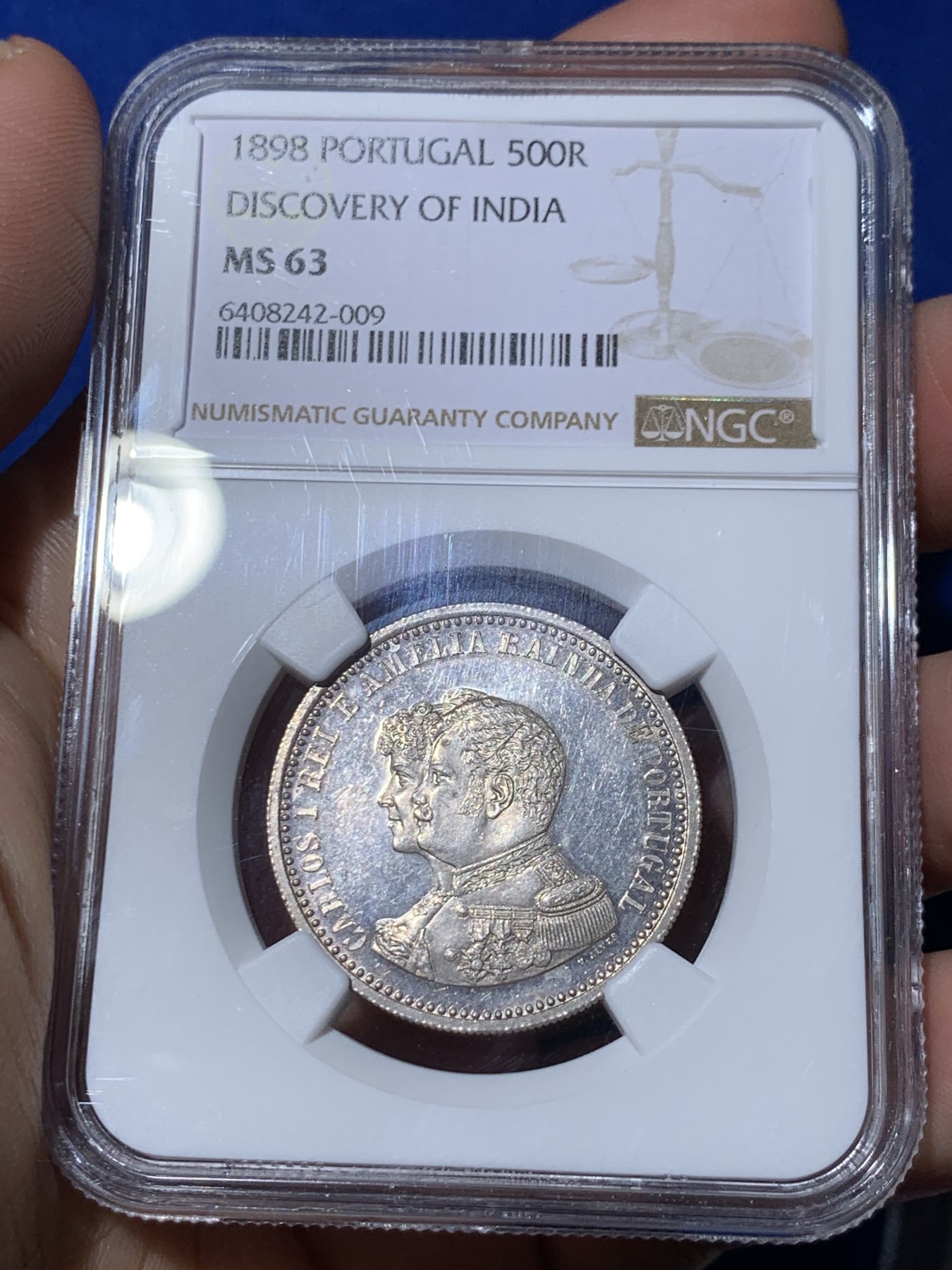 《竞宝斋》第261场-周日，周一，周二 3场连拍 (全场包邮) NGC MS63 葡萄牙 1898年 发现印度400周年 500瑞斯 银币 有点PL的感觉