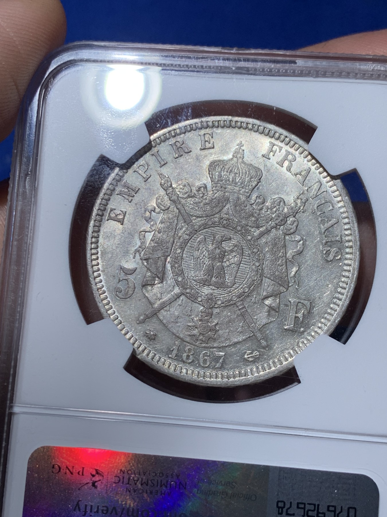 《竞宝斋》第261场-周日，周一，周二 3场连拍 (全场包邮) NGC AUD 法国1867年拿三5法郎银币