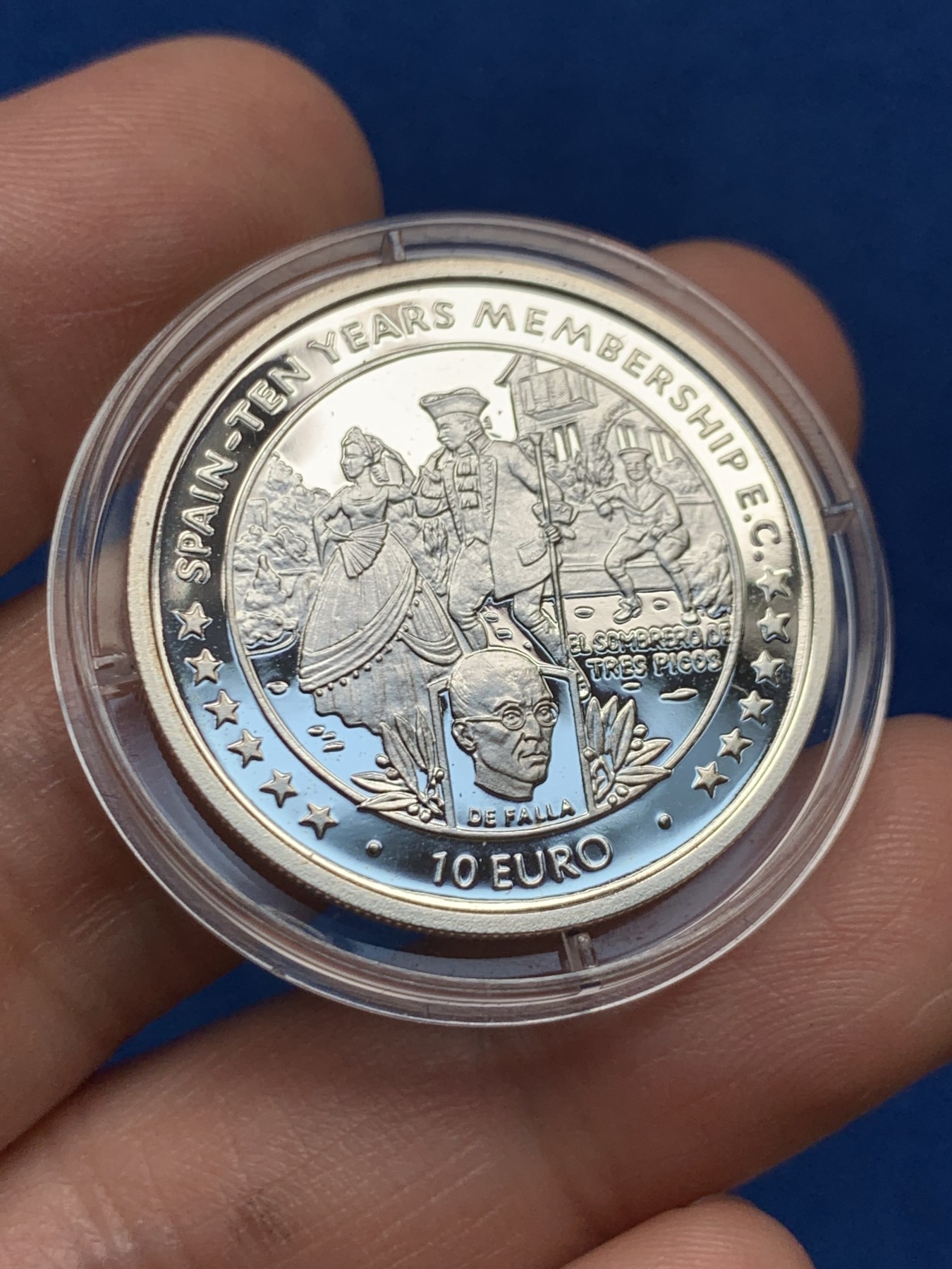 《竞宝斋》第261场-周日，周一，周二 3场连拍 (全场包邮) 马恩岛1996年西班牙加入欧盟10周年10欧元精制纪念银币