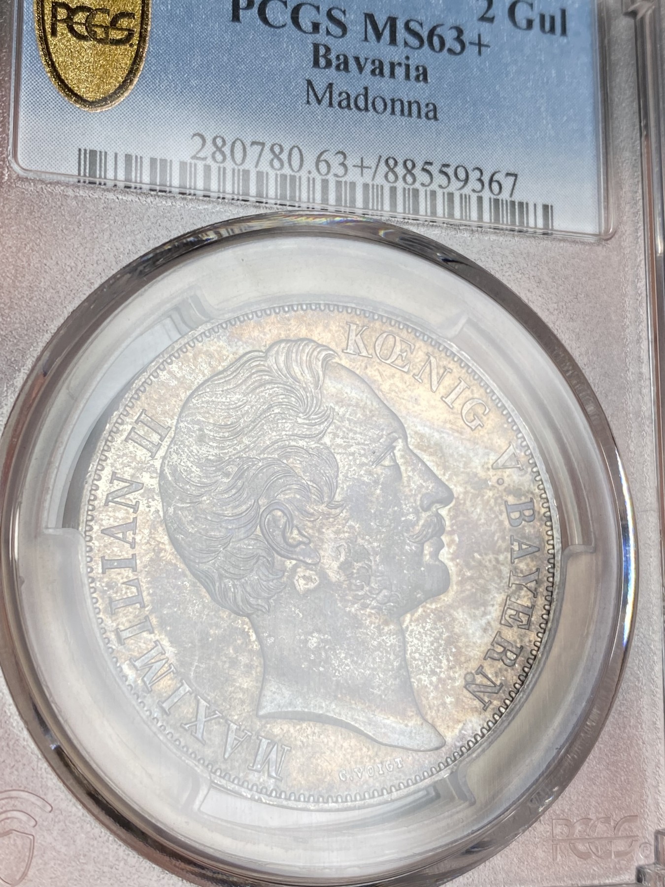 万国钱币拍卖第024期（诸神之战） PCGS MS63+ 1855年德国巴伐利亚马克西米利安二世圣母抱婴2古尔登大银币 经典品种 深金色包浆