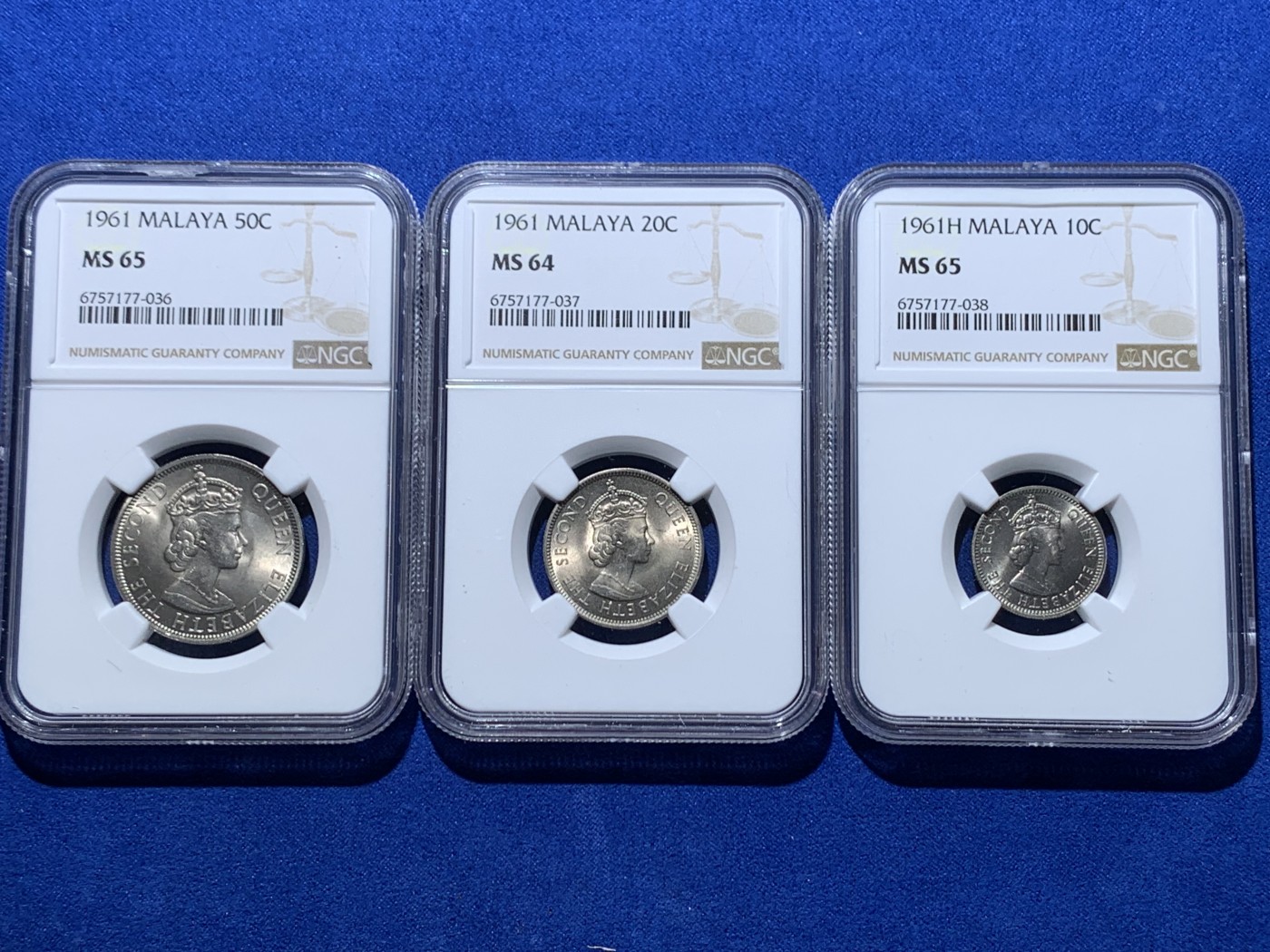 《竞宝斋》第261场-周日，周一，周二 3场连拍 (全场包邮) 3枚一组 NGC MS64-65 英属马来亚10C 20C 50C
