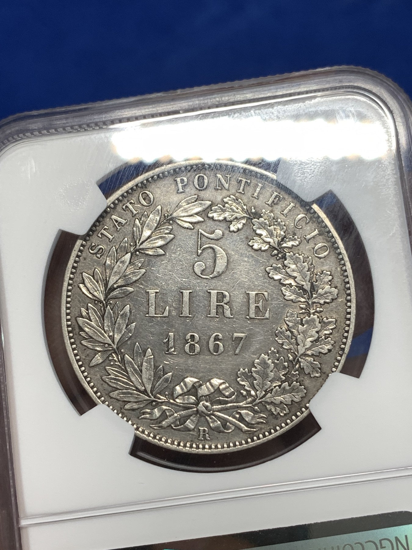 《竞宝斋》第261场-周日，周一，周二 3场连拍 (全场包邮) NGC AUD 1867意大利教皇国5里拉大银币