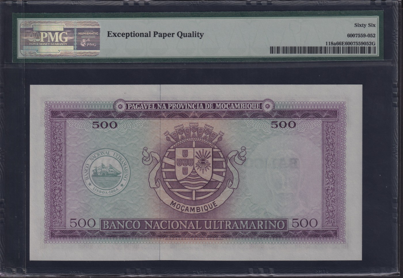 草稿银行第十九期国内外钞票拍卖 莫桑比克1976年 500埃斯库多 原大西洋银行1967年500票面上加盖“莫桑比克银行”PMG 66 号码全程无3457