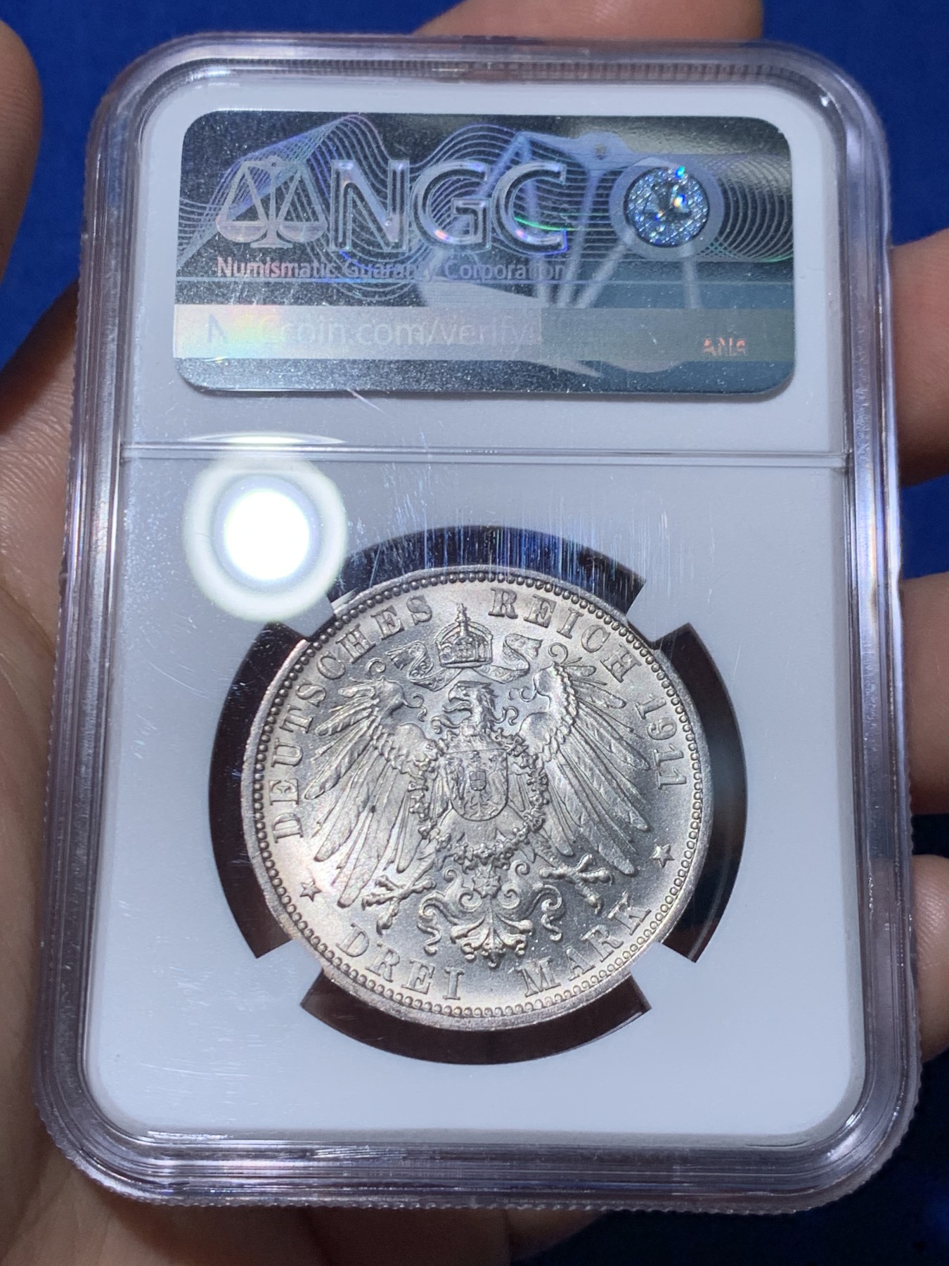 《竞宝斋》第261场-周日，周一，周二 3场连拍 (全场包邮) NGC MS64 德国符腾堡1911年银婚3马克银币 金色顶级包浆