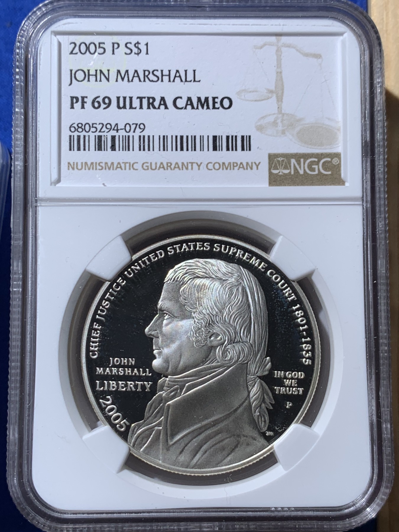 《竞宝斋》第261场-周日，周一，周二 3场连拍 (全场包邮) NGC PF69UC 美国2005年P版约翰马歇尔1美元精制大银币