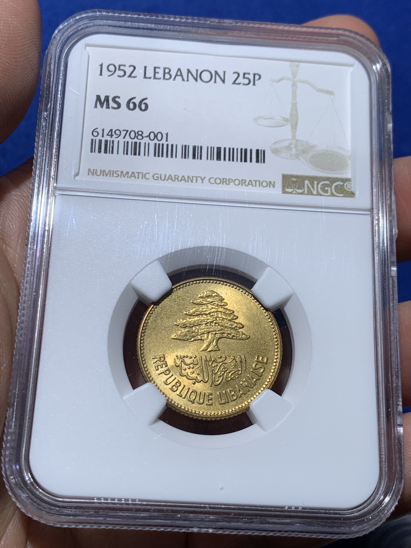 《竞宝斋》第261场-周日，周一，周二 3场连拍 (全场包邮) NGC MS66 黎巴嫩 1952年 25皮阿斯特