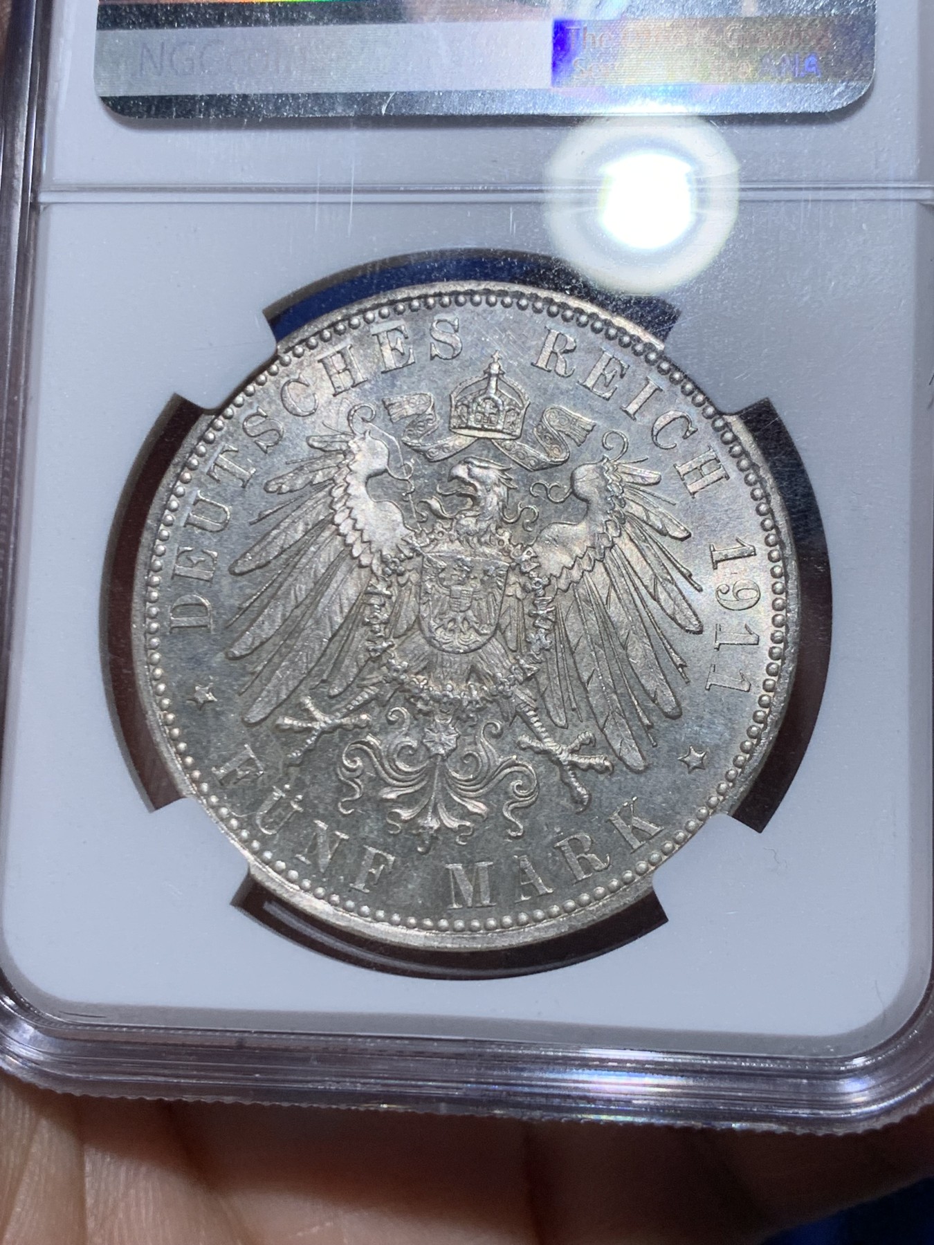 《竞宝斋》第261场-周日，周一，周二 3场连拍 (全场包邮) NGC MS63 德国1911年巴伐利亚柳奥波德5马克银币