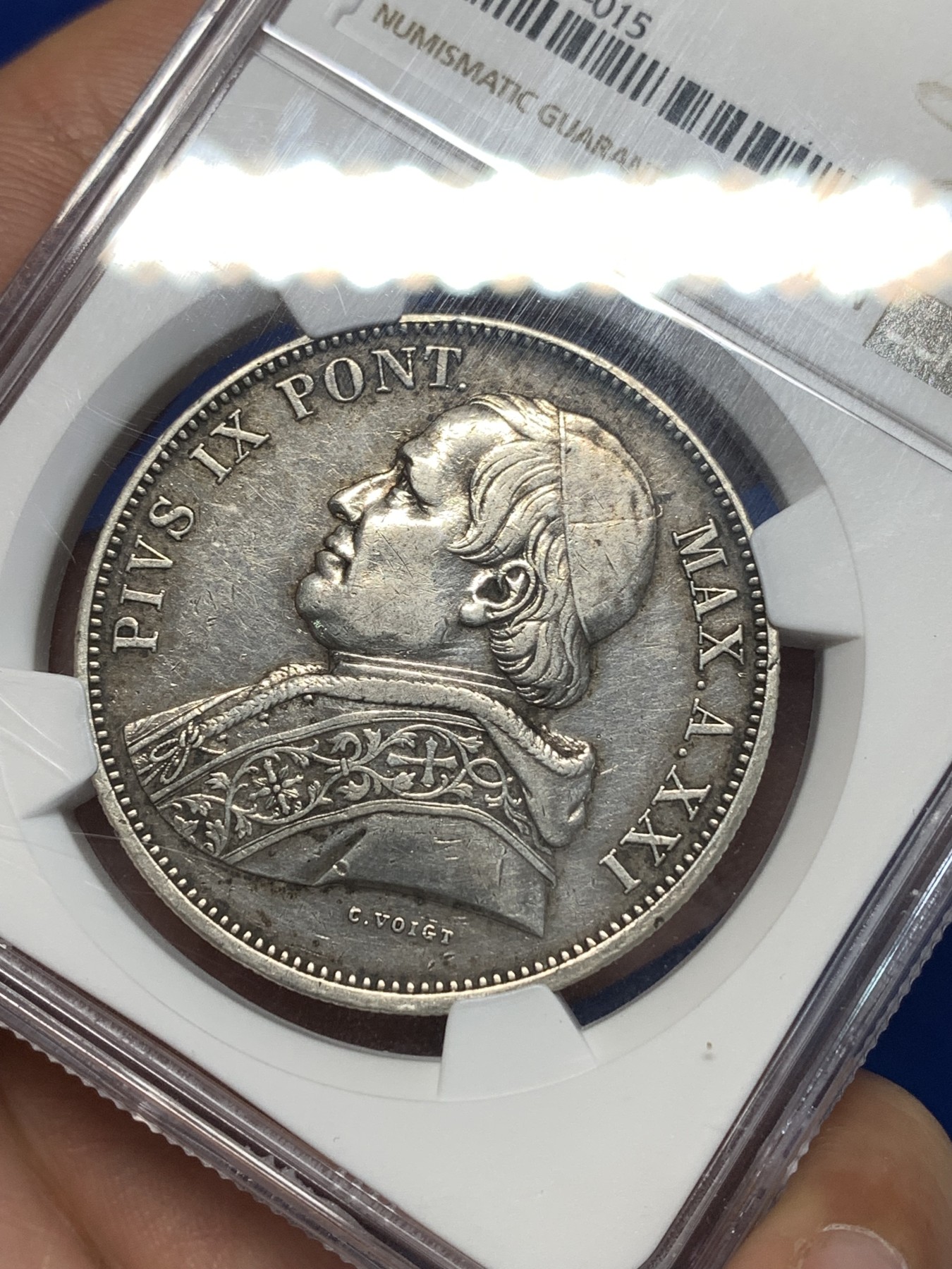 《竞宝斋》第261场-周日，周一，周二 3场连拍 (全场包邮) NGC AUD 1867意大利教皇国5里拉大银币