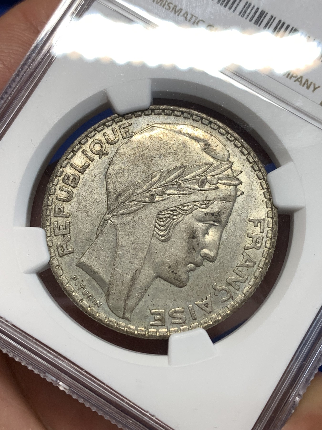 《竞宝斋》第261场-周日，周一，周二 3场连拍 (全场包邮) NGC AU55 法国1938年谷物女神20法郎银币