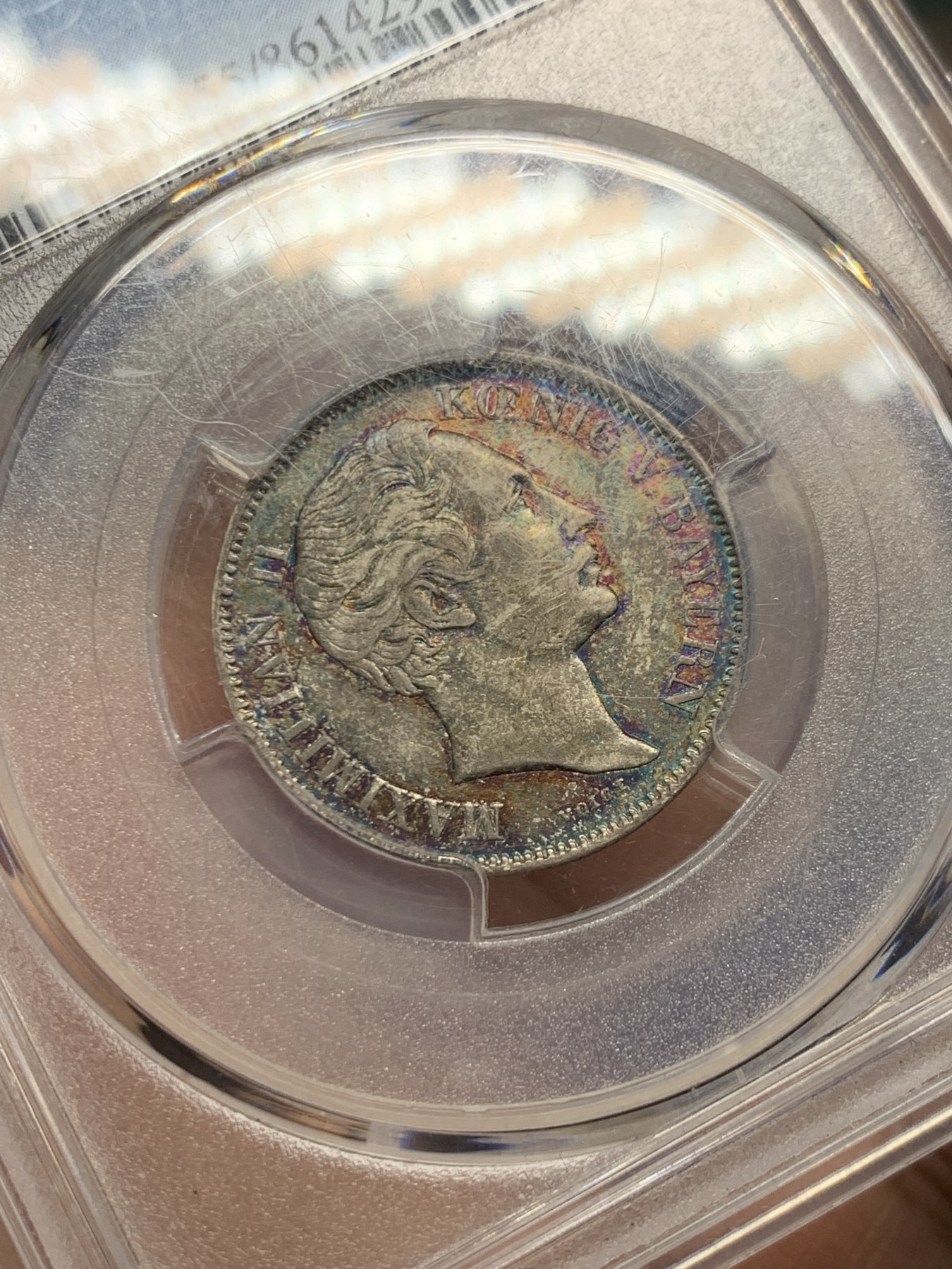 《竞宝斋》第261场-周日，周一，周二 3场连拍 (全场包邮) PCGS AU55 德国巴伐利亚 1861年 1/2古尔登 银币 正面五彩包浆反面黑包浆