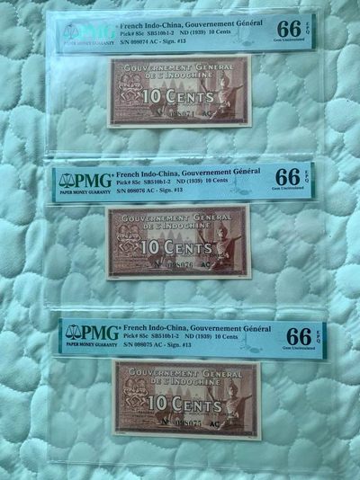 【三泉🏦Quan Se】拍卖第二十三期⚖️ - 【PMG66EPQ，亚军分】法属印支1939年10Cents3⃣️连号（越南法属近百年老钞，高分难得，高分连号更是稀少）【亚军分唯一三连号，罕见】