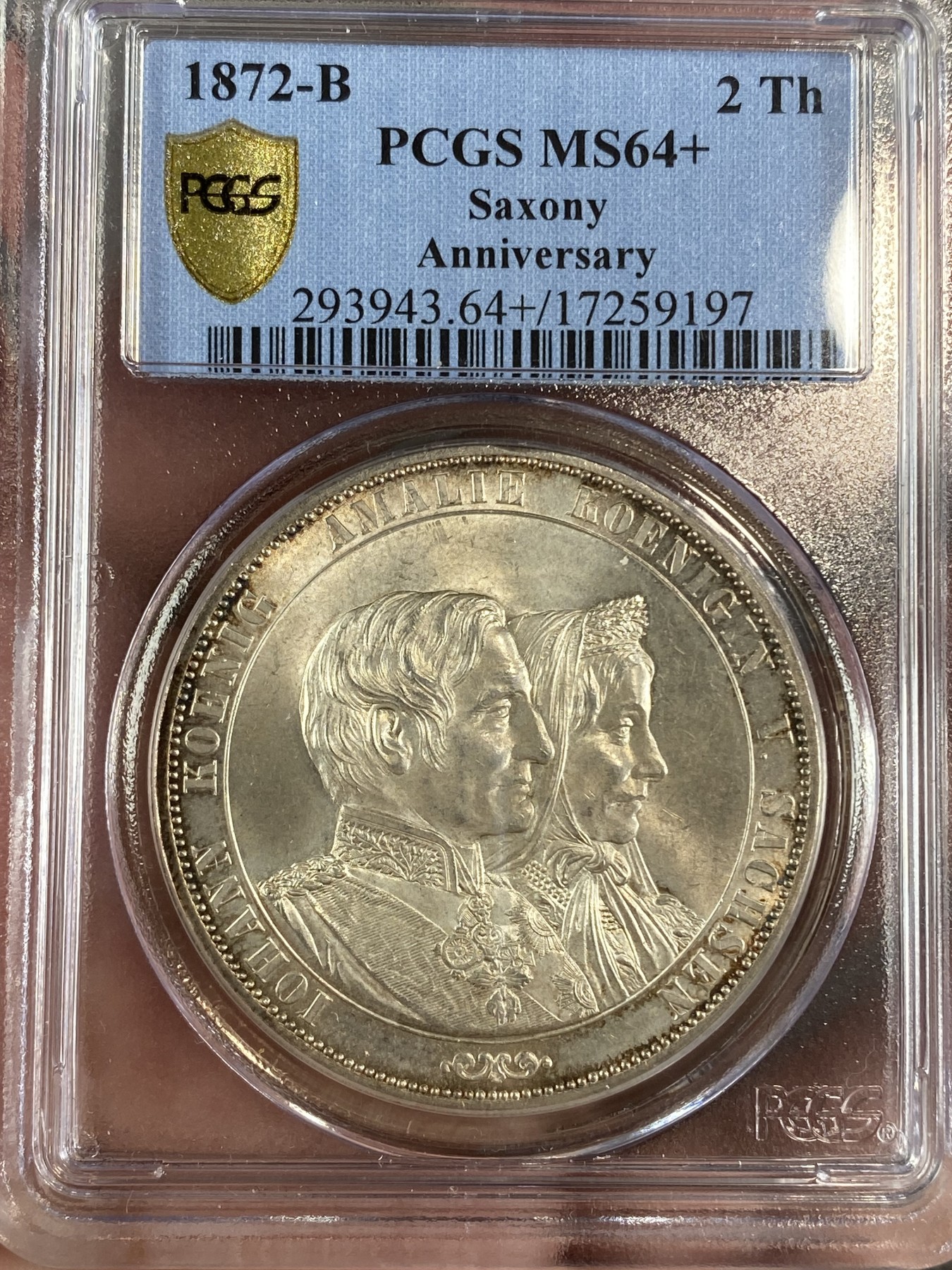 万国钱币拍卖第024期（诸神之战） PCGS MS64+ 1872年德国萨克森金婚2泰勒 最后的2泰勒 银光寒气逼人 淡金彩环绕 实在是手不释泰勒
