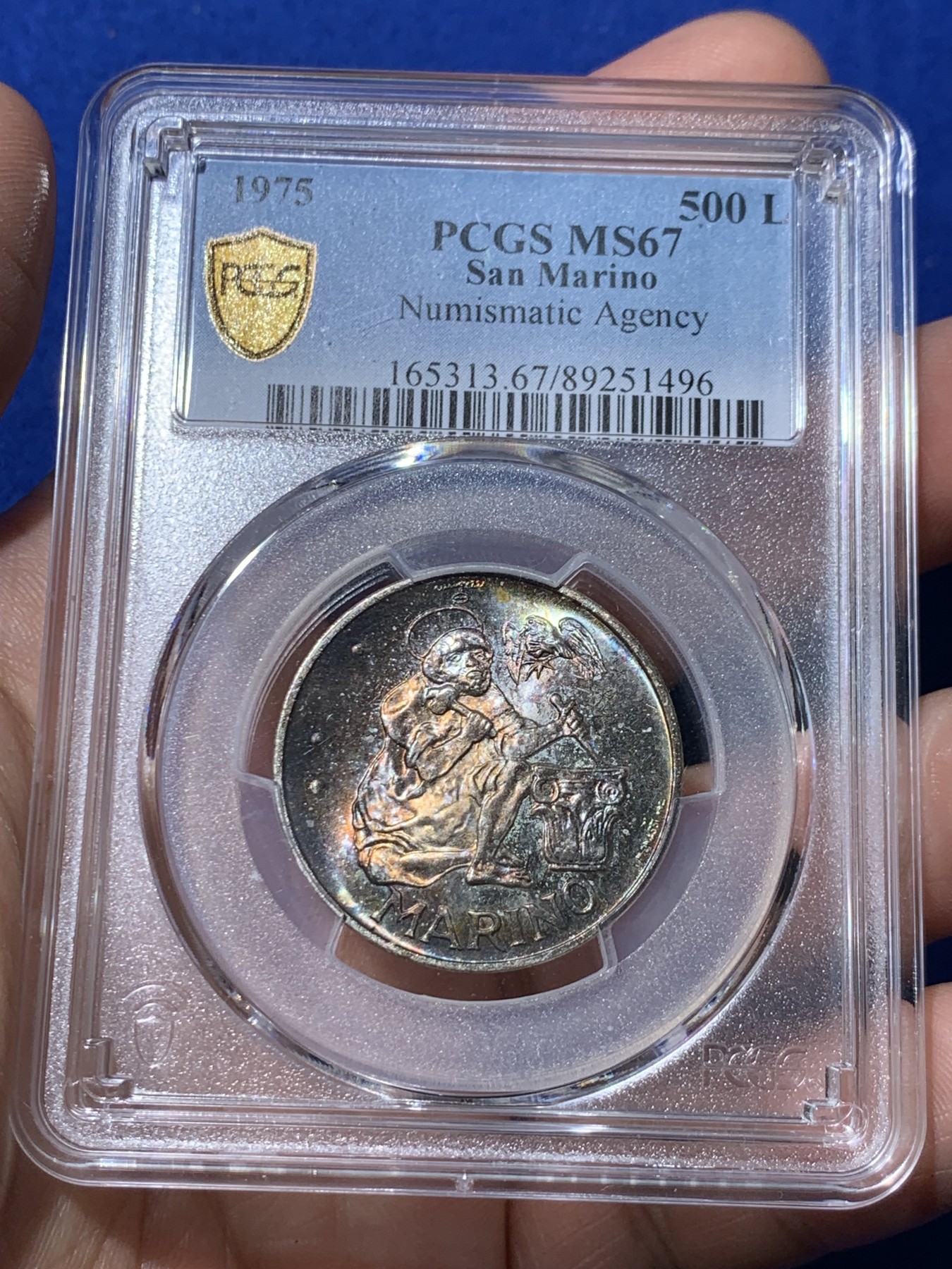 《竞宝斋》第261场-周日，周一，周二 3场连拍 (全场包邮) PCGS MS67 圣马力诺1975年500里拉银币，高分双面魔幻包浆彩