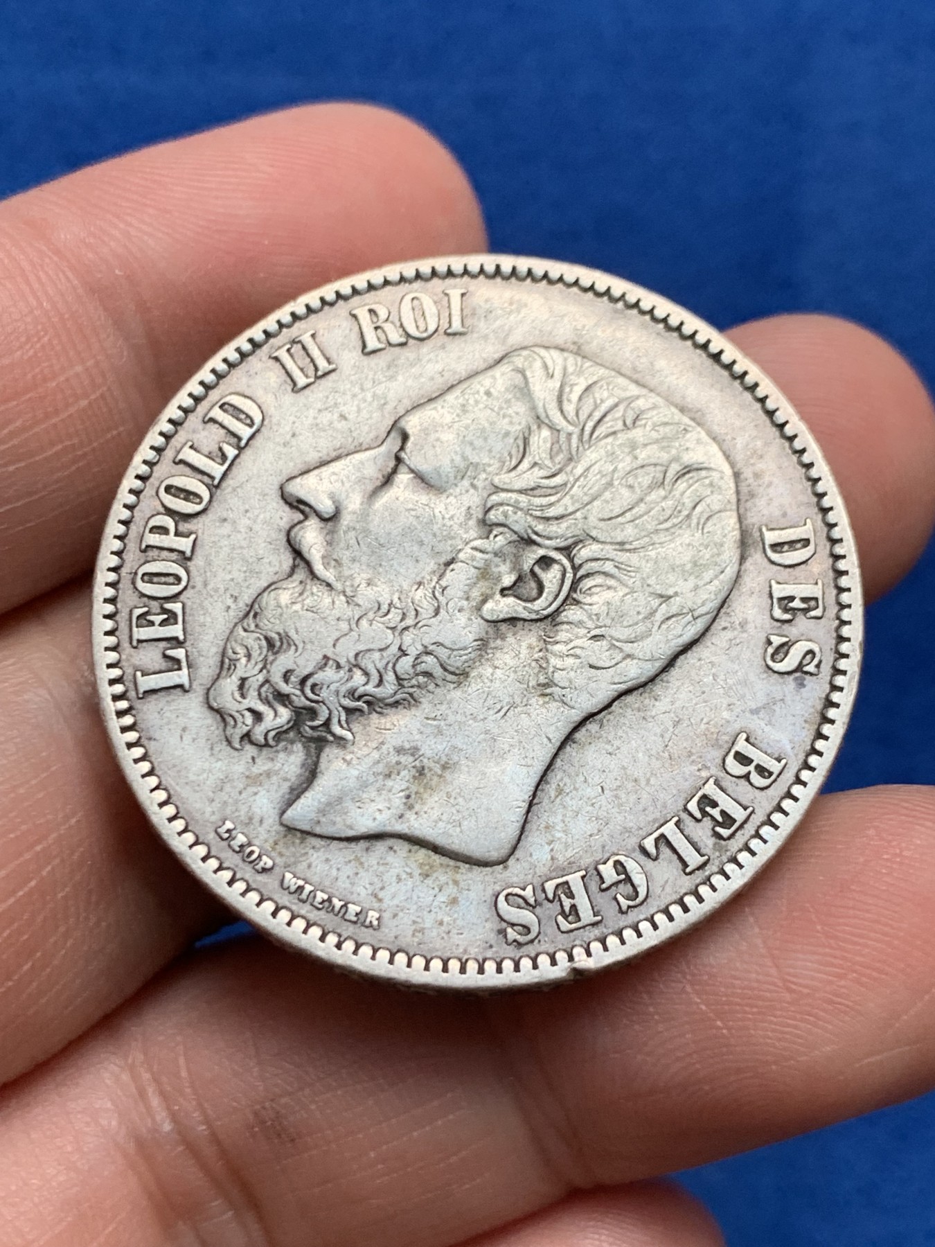 《竞宝斋》第261场-周日，周一，周二 3场连拍 (全场包邮) 比利时1874年利奥波德5法郎银币