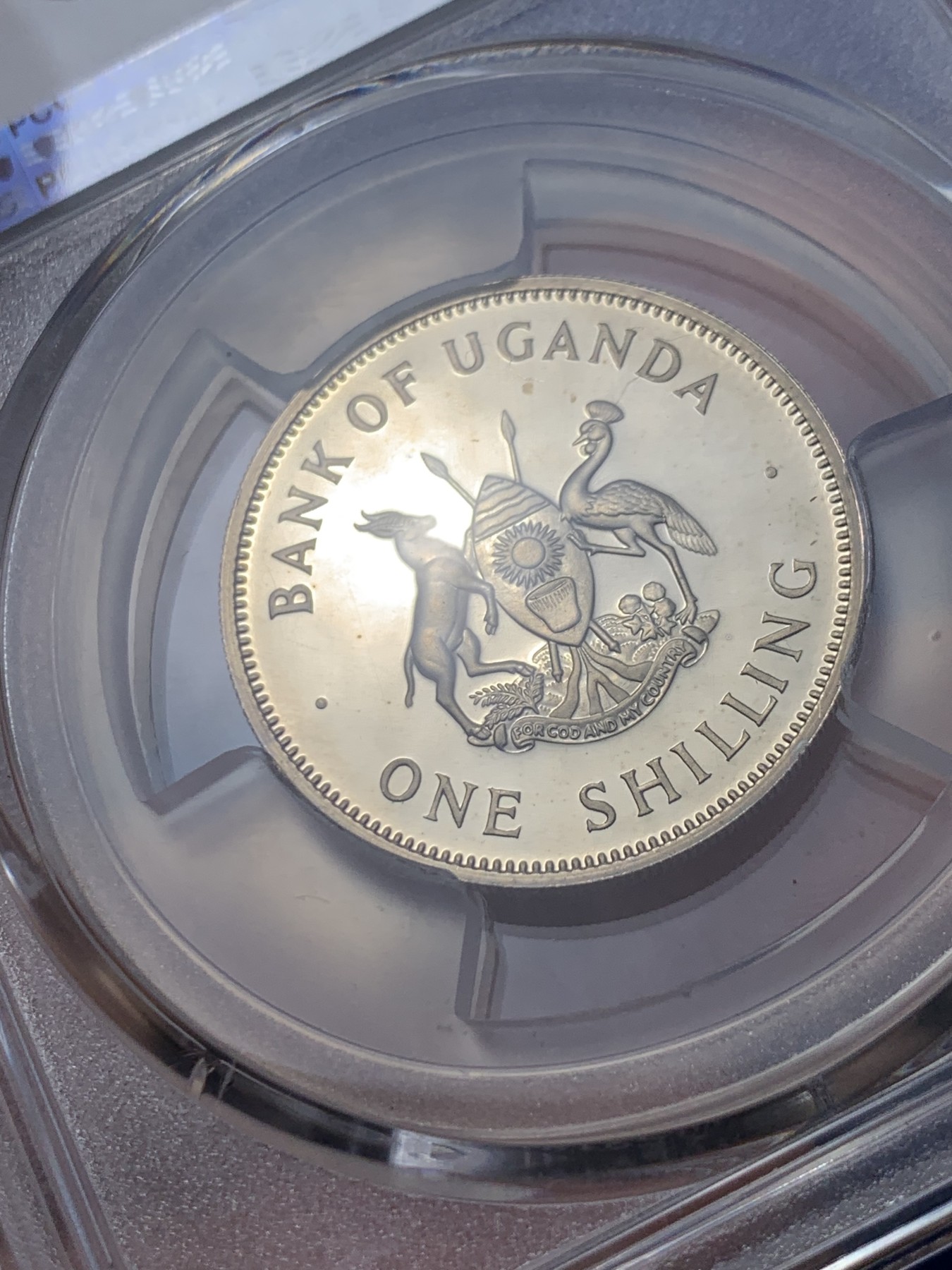 《竞宝斋》第261场-周日，周一，周二 3场连拍 (全场包邮) PCGS金盾 PR67DCAM 乌干达国鸟灰冕鹤与东非大草原1966年1先令精制镍币