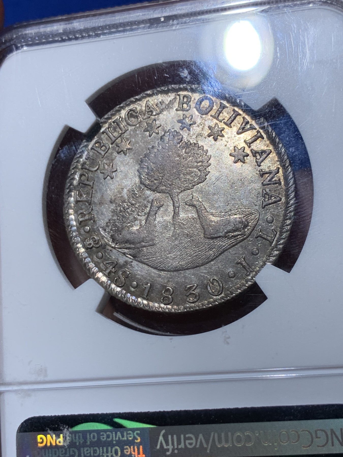 《竞宝斋》第261场-周日，周一，周二 3场连拍 (全场包邮) NGC MS61 玻利维亚 1830年 玻利瓦尔戎装 4S 银币 好彩淡五彩 非常少见的品种