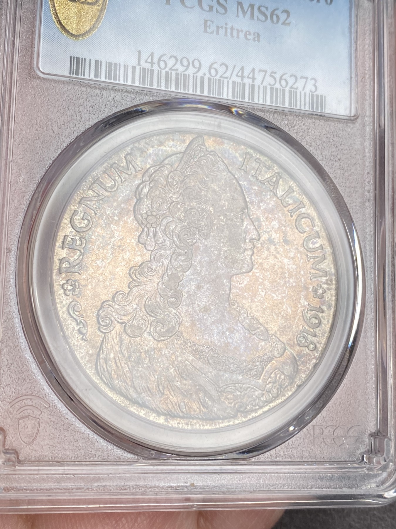 万国钱币拍卖第024期（诸神之战） PCGS MS62 1918年意属厄立特里亚1泰勒 意大利名誉品种 金彩环绕 实物状态非常炸裂 15年HA同分成交价2100美金