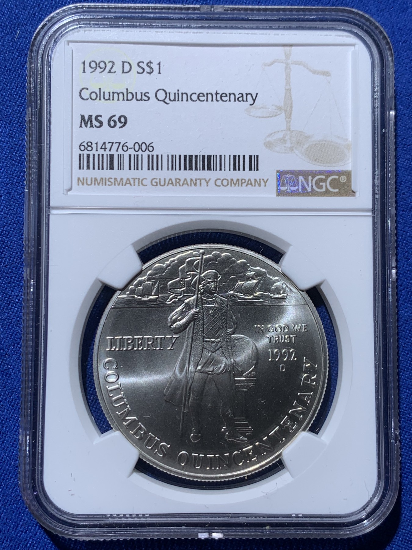 《竞宝斋》第261场-周日，周一，周二 3场连拍 (全场包邮) NGC MS69 美国1992年D版哥伦布1美元大银币