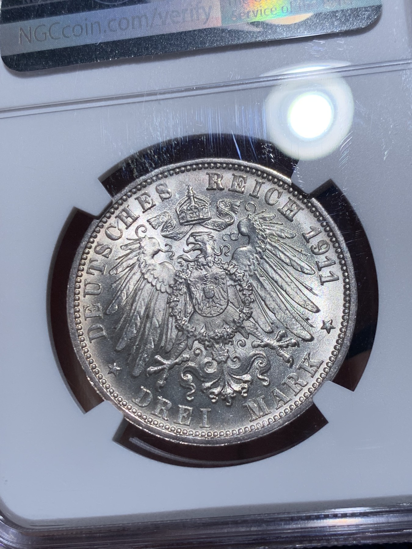 《竞宝斋》第261场-周日，周一，周二 3场连拍 (全场包邮) NGC MS64 德国符腾堡1911年银婚3马克银币 金色顶级包浆