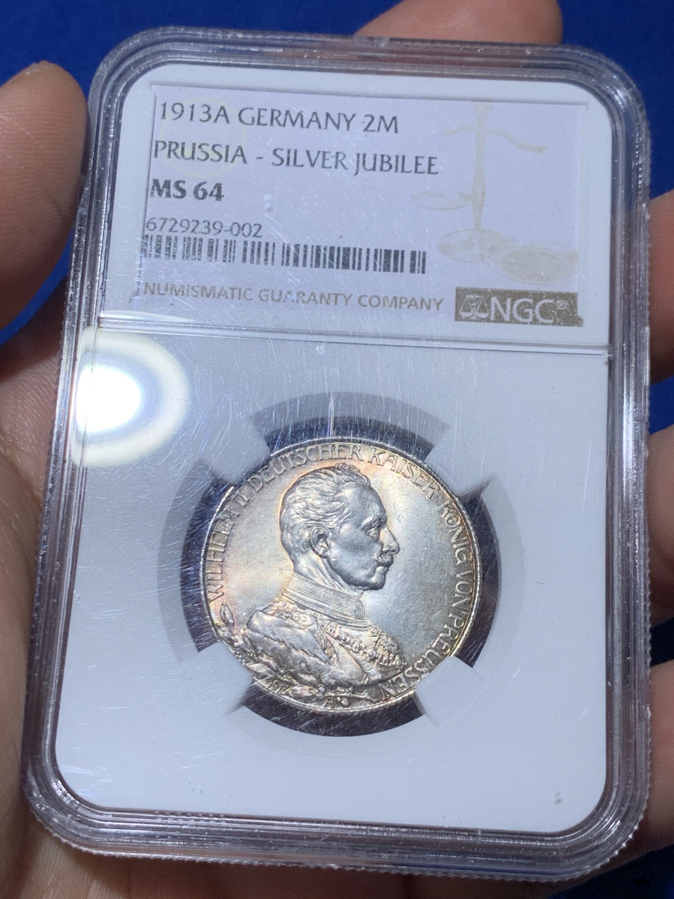 《竞宝斋》第261场-周日，周一，周二 3场连拍 (全场包邮) NGC MS64 德国1913年普鲁士威廉二世戎装登基25周年纪念2马克银币