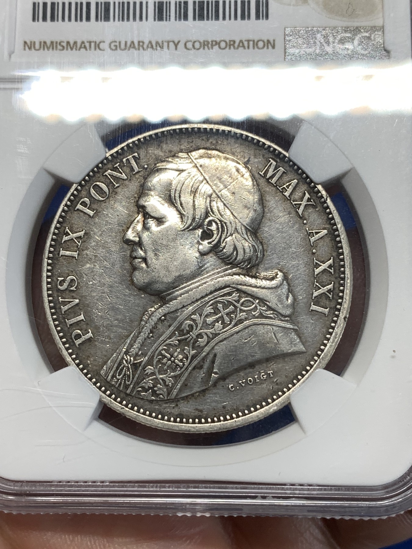 《竞宝斋》第261场-周日，周一，周二 3场连拍 (全场包邮) NGC AUD 1867意大利教皇国5里拉大银币